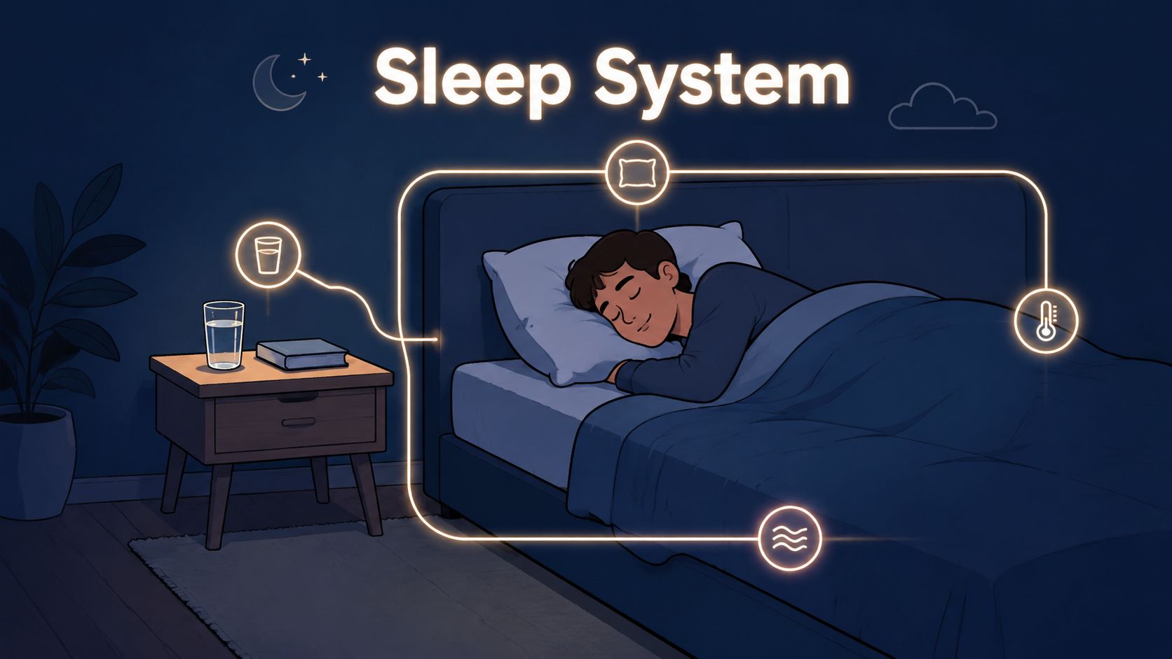 A cozy bedroom illustration showing a person sleeping with icons representing hydration, comfort, and temperature control.