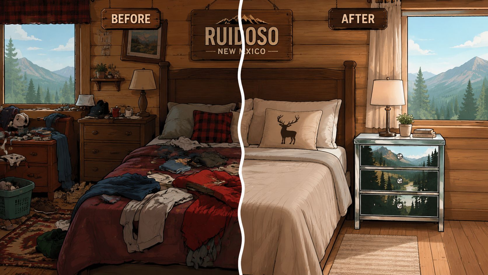 A split image showing a messy bedroom before and a clean, organized bedroom after featuring a mirrored nightstand.