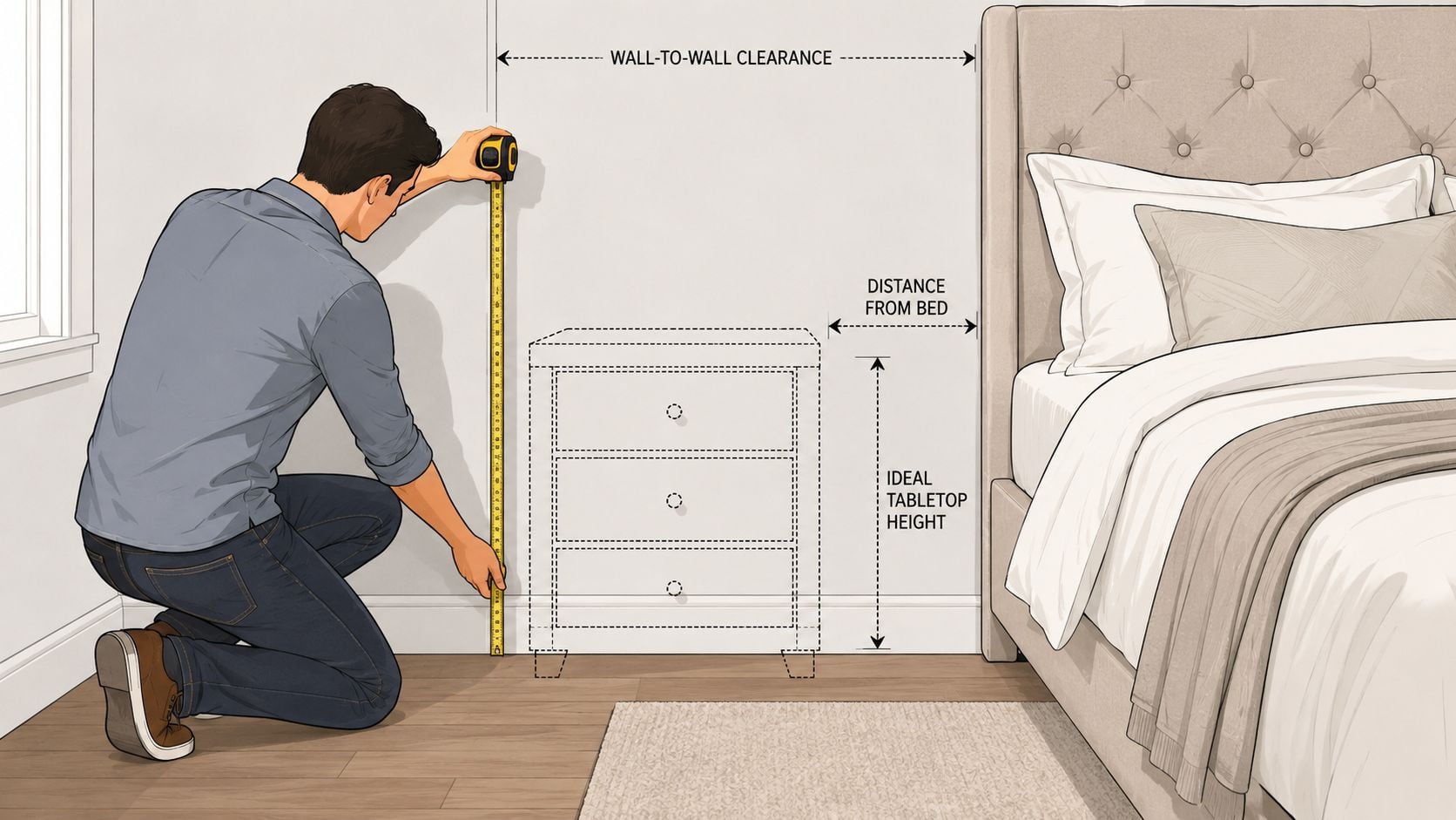 A man measuring the wall space beside a bed to determine proper nightstand dimensions for bedroom furniture.