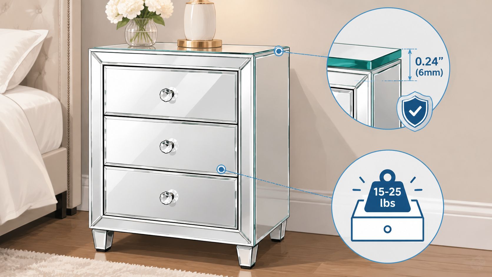 A modern three-drawer mirrored nightstand with crystal knobs, highlighting its durable glass thickness and weight capacity.