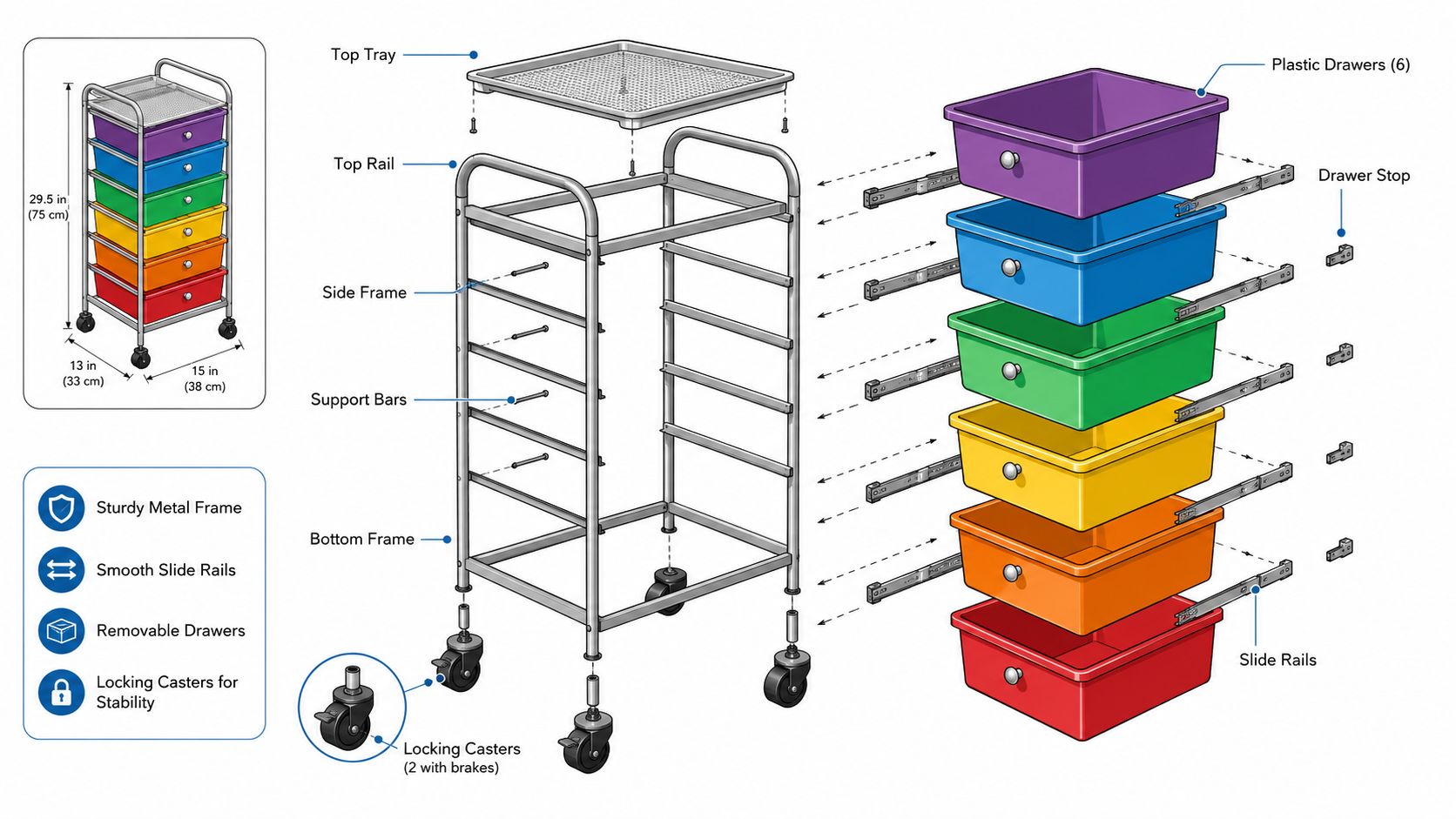 An exploded view diagram of a six-drawer rolling storage cart with assembly parts and dimensions.