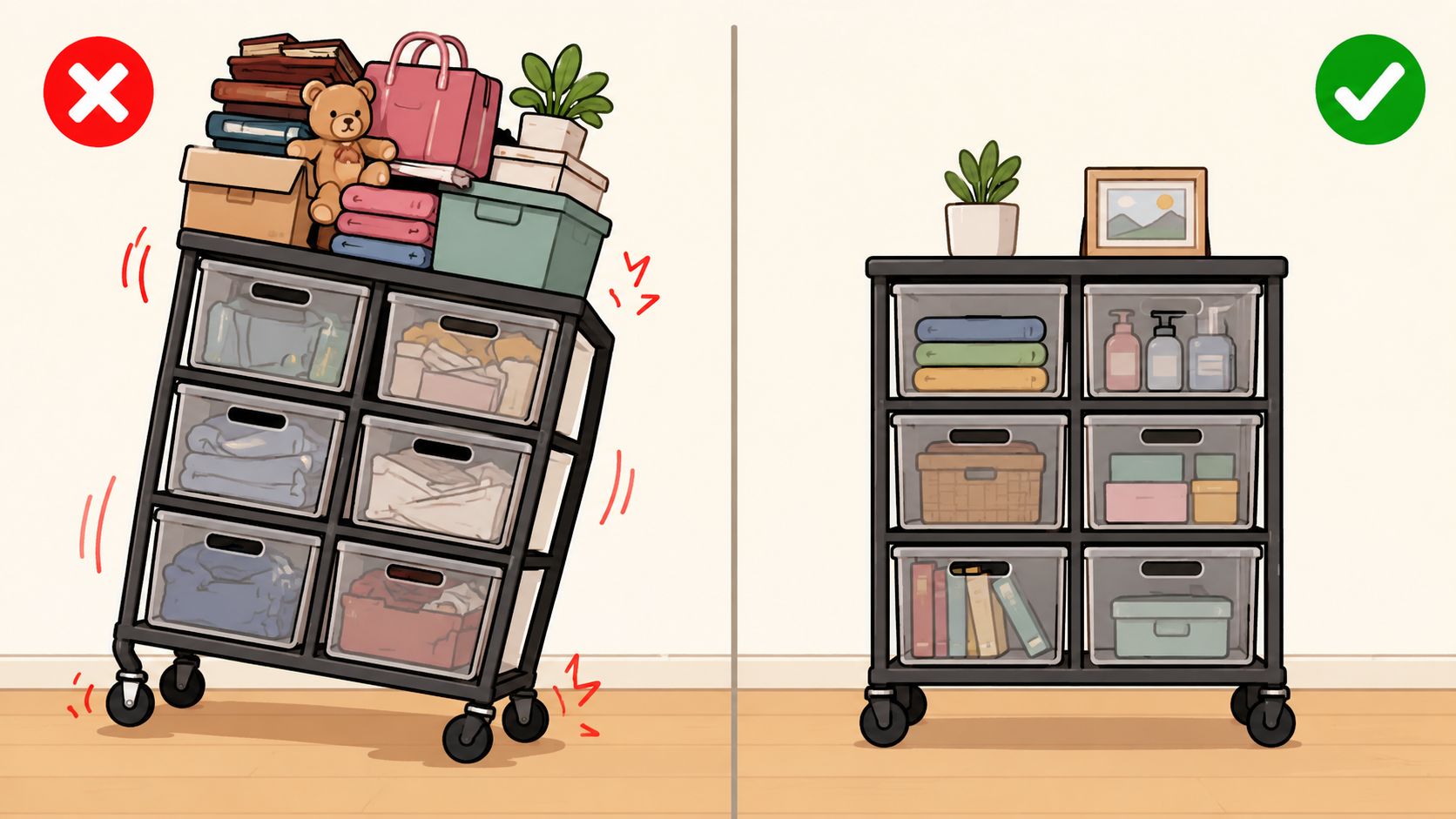 An illustration comparing an overloaded, unstable rolling storage cart with a properly organized, stable drawer storage unit.