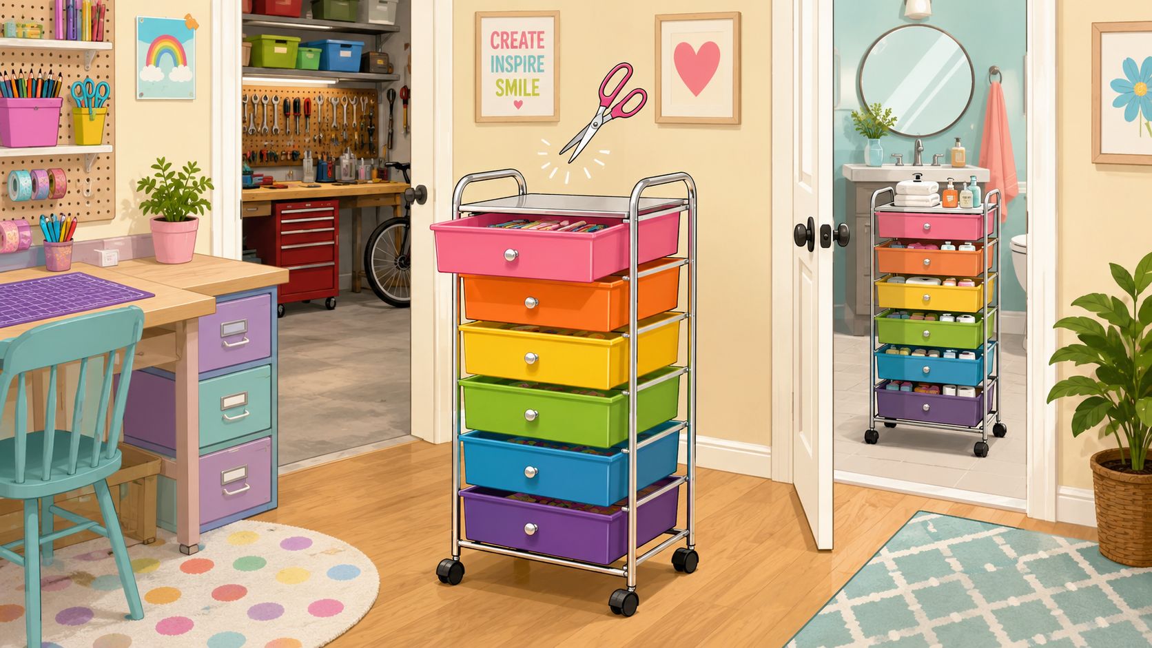 A colorful 6 drawer rolling storage cart standing in a bright room with an organized home office.