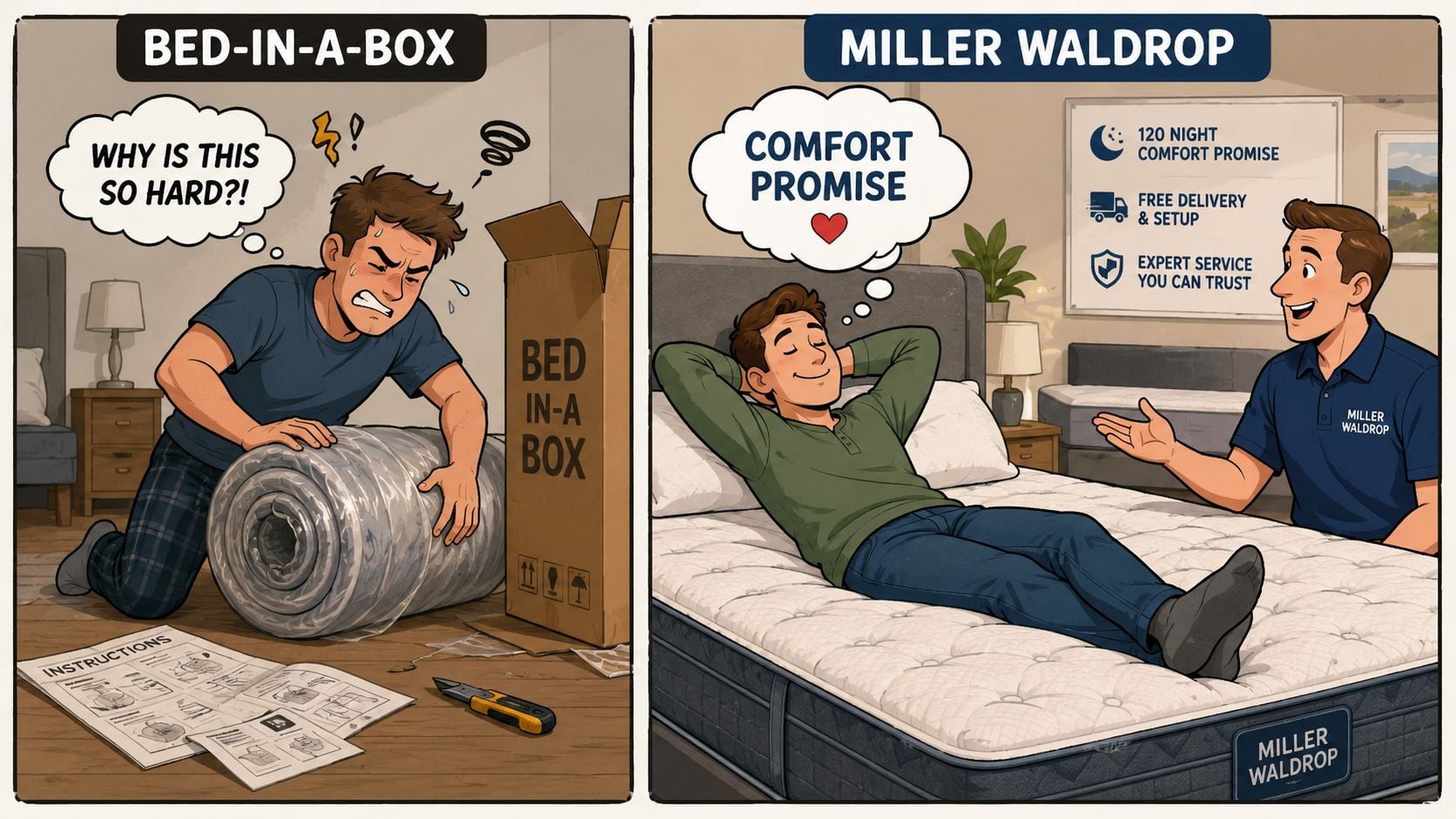 A split image comparing a frustrating bed-in-a-box setup with the easy, expert service of Miller Waldrop furniture.