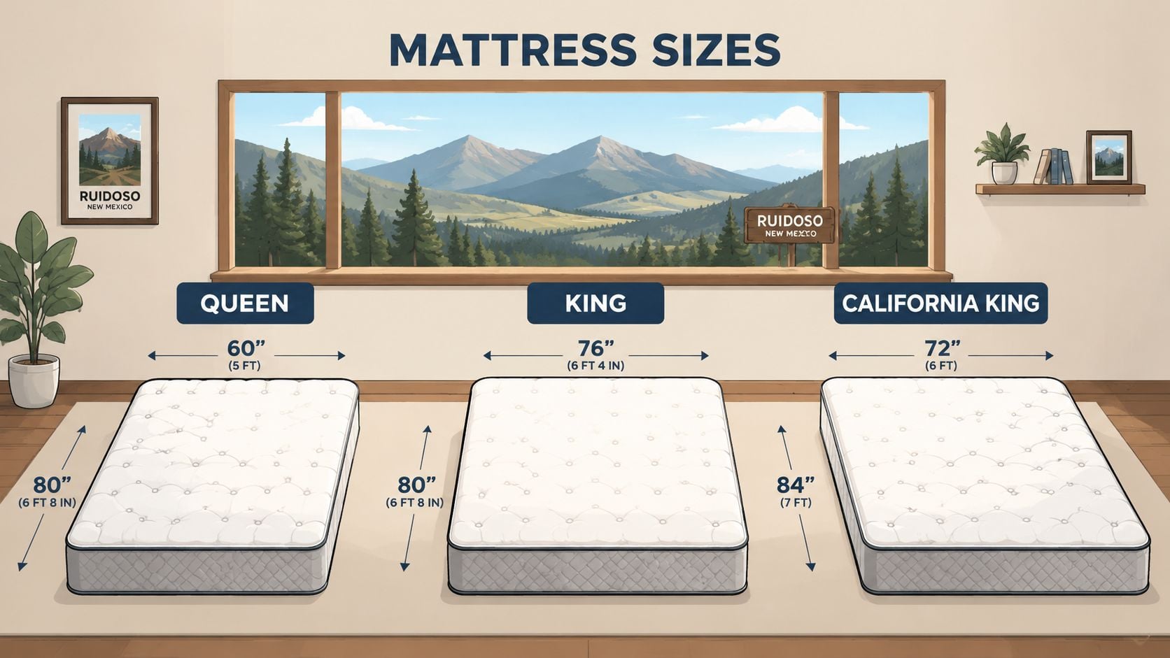 A graphic illustration comparing the dimensions of Queen, King, and California King size mattresses with measurement labels.