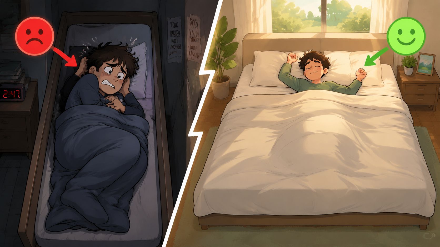 A split image contrasting an anxious person awake at night with a person sleeping peacefully in daylight.
