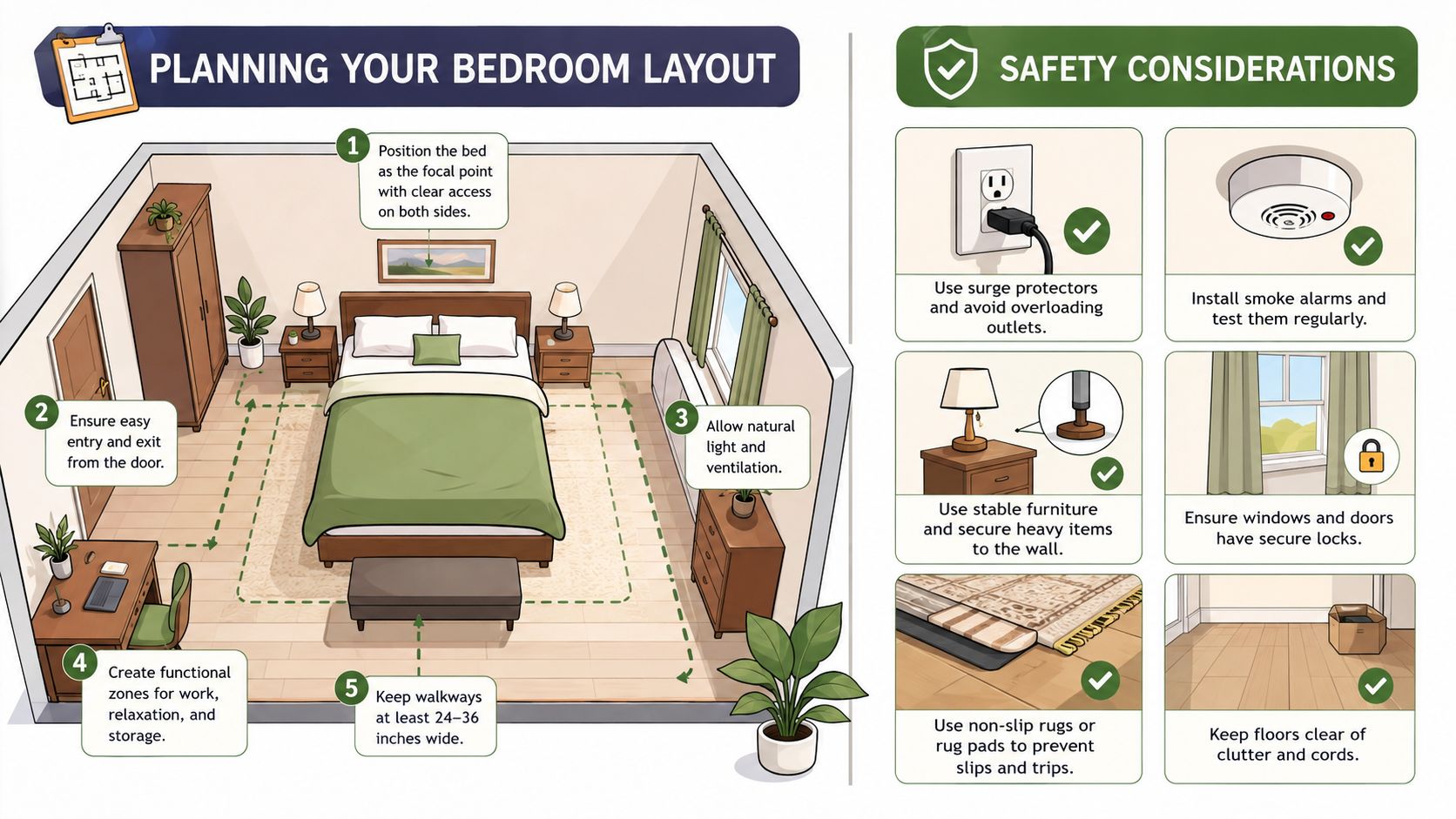 An infographic illustrating bedroom layout tips and essential home safety considerations for a functional living space.