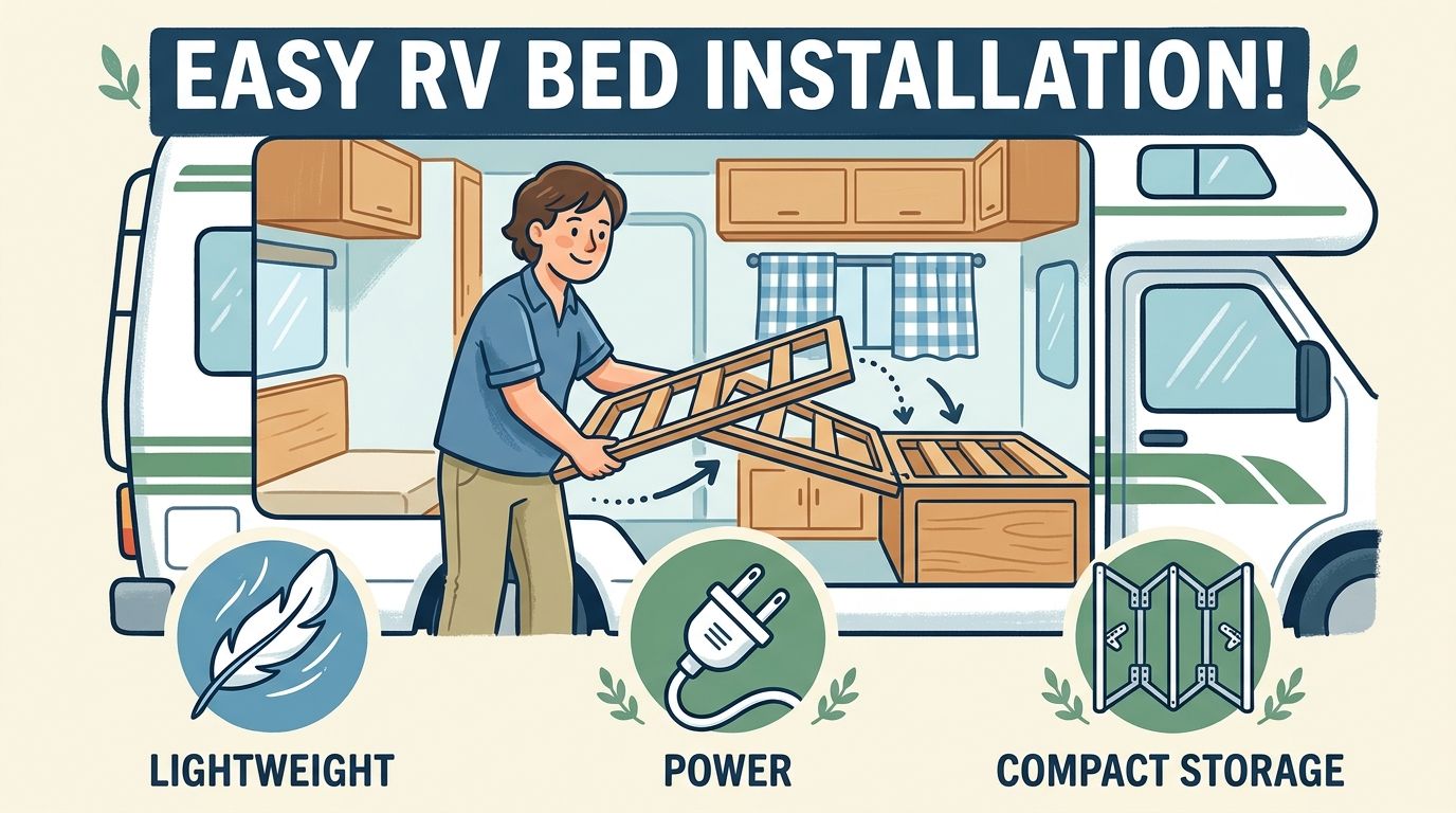 A person installs a foldable, lightweight, and compact RV bed frame in a camper van interior.