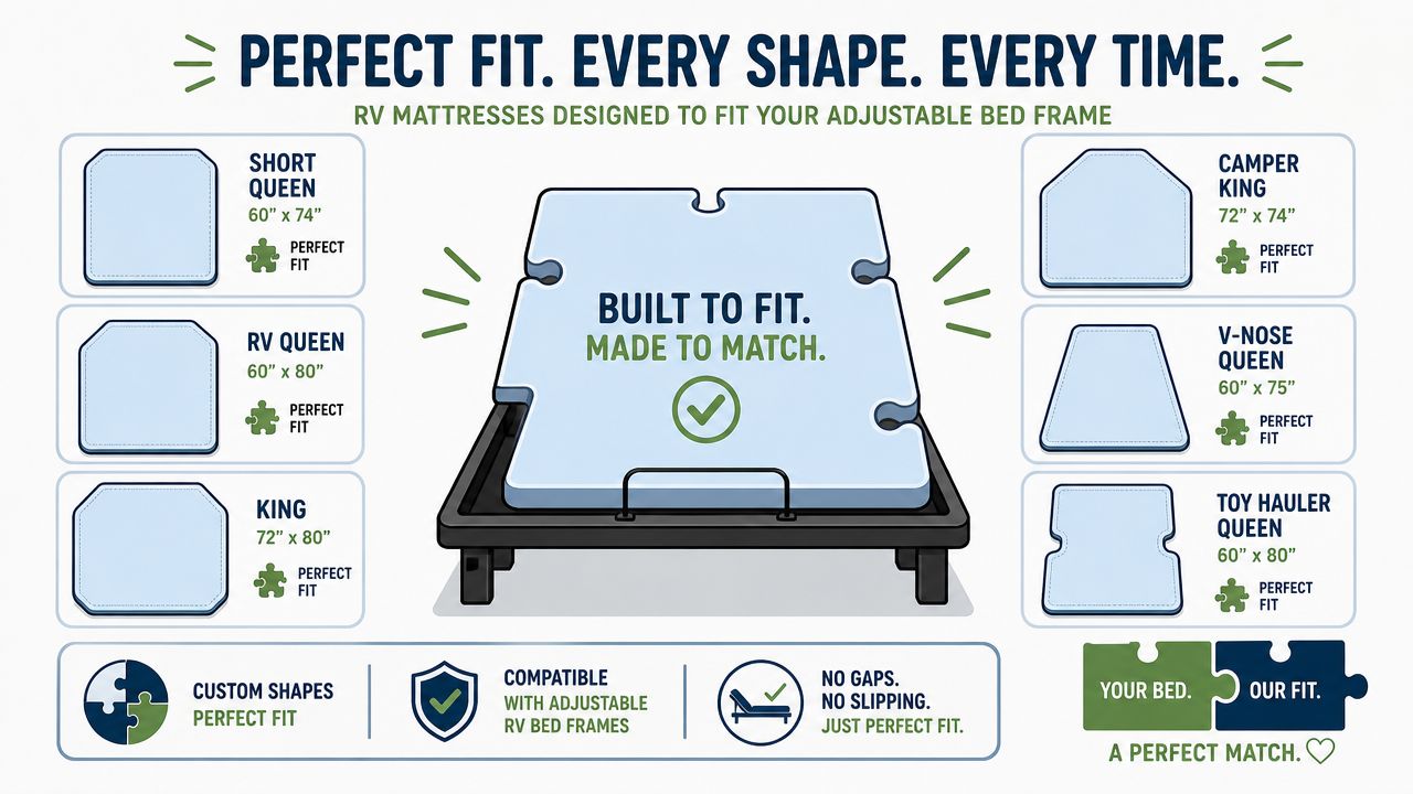 A graphic showing various RV mattress shapes and sizes designed to fit adjustable bed frames.
