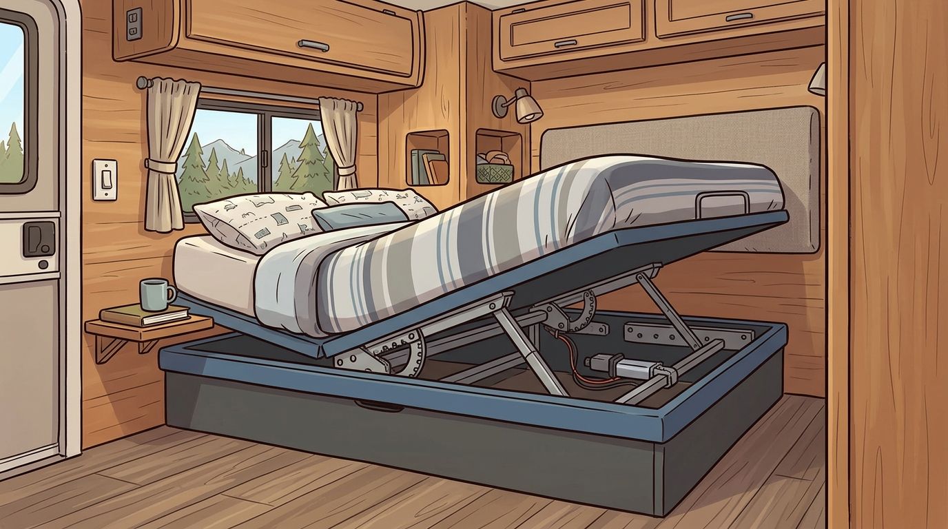 An adjustable RV bed frame lifted to reveal storage space inside a modern wooden motorhome interior.