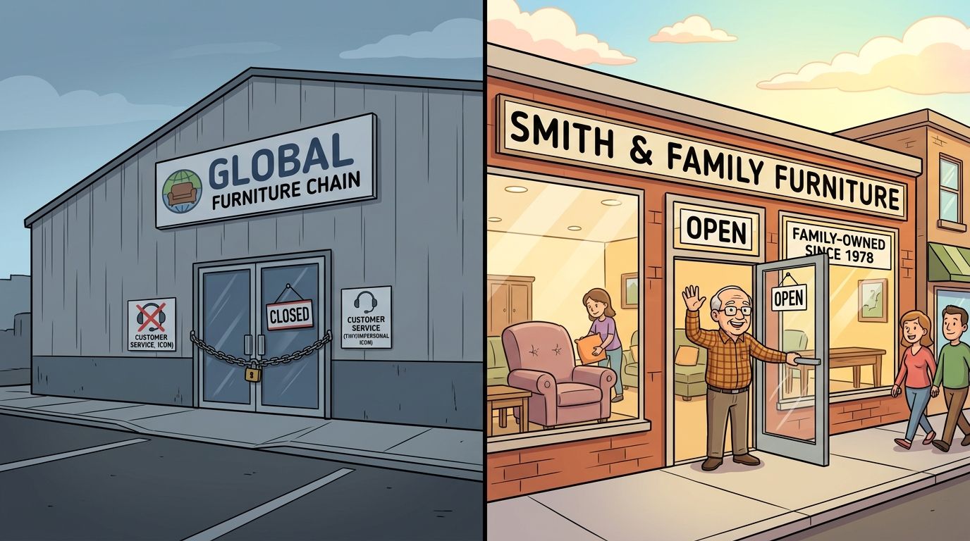 A split image comparing a closed, impersonal global furniture chain to a welcoming, open, family-owned furniture store.