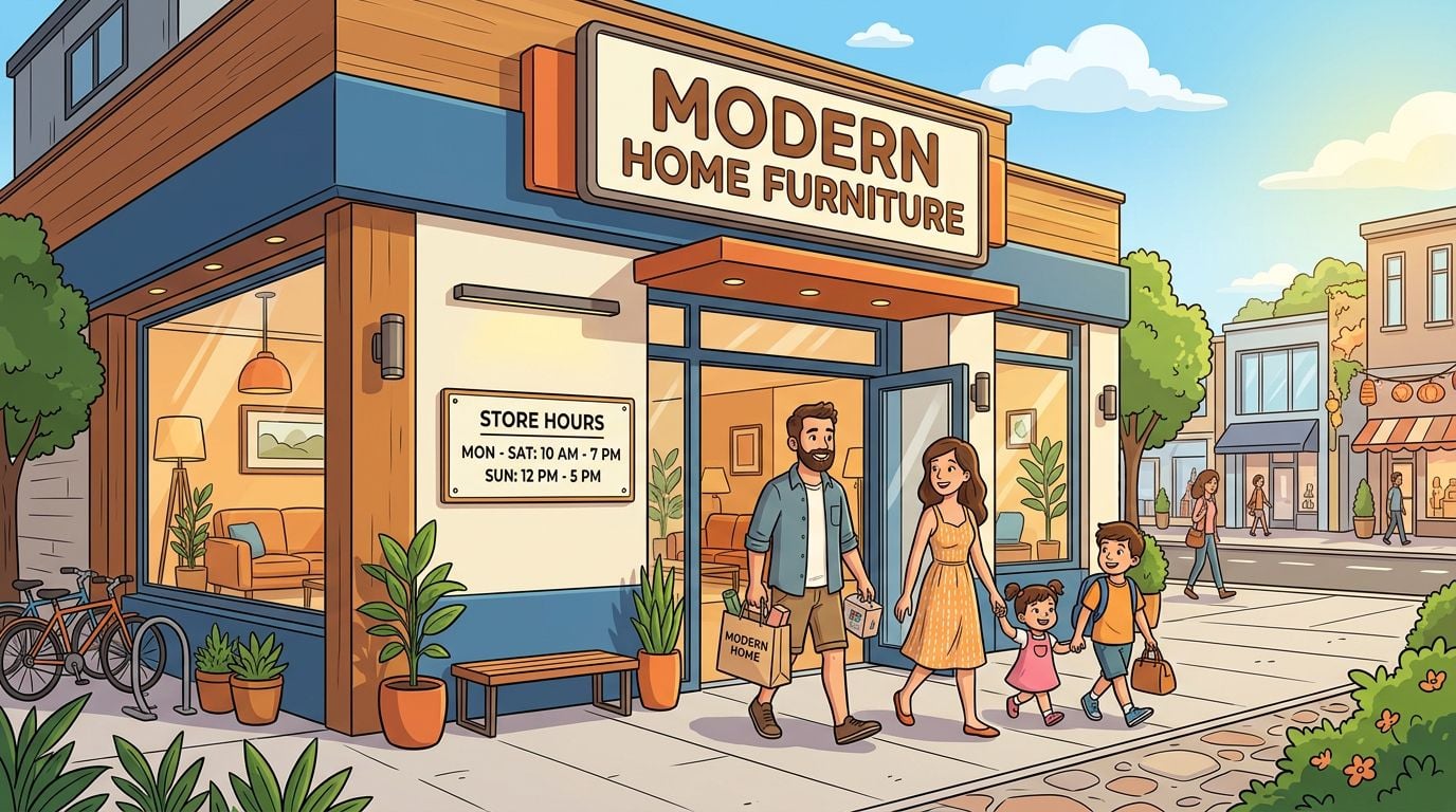 A happy family walking out of a Modern Home Furniture store with shopping bags on a sunny day.