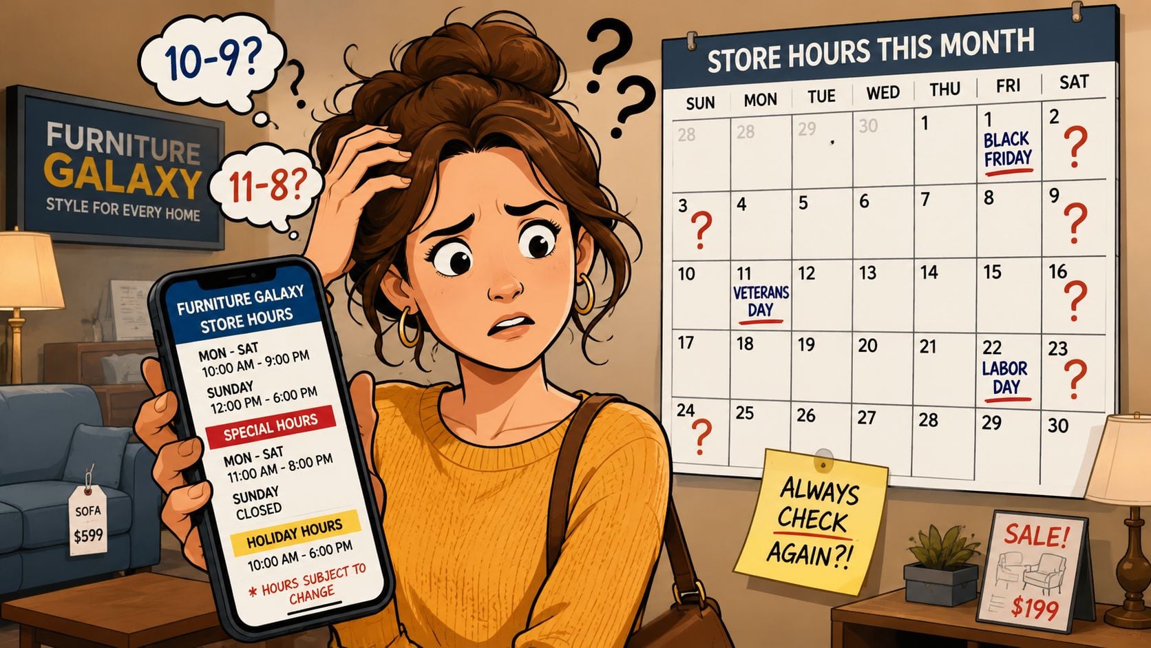 A confused woman holding a smartphone, checking conflicting furniture store hours on a digital calendar display.