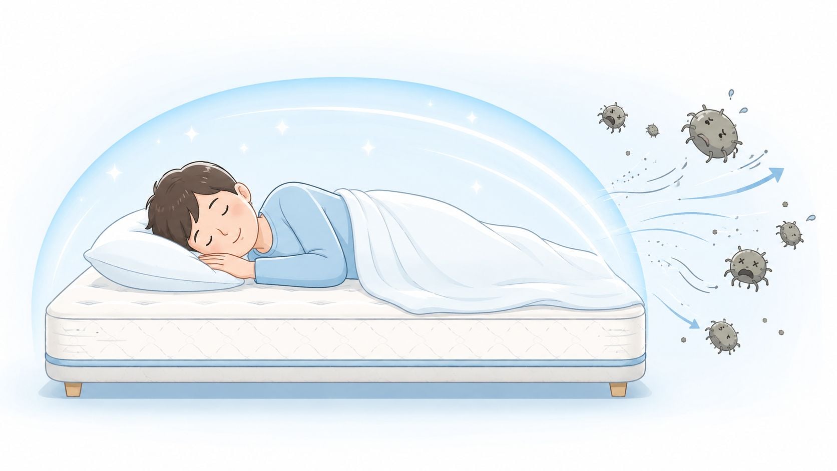 A cartoon child sleeping peacefully on an antimicrobial mattress protected by a blue shield against germs.