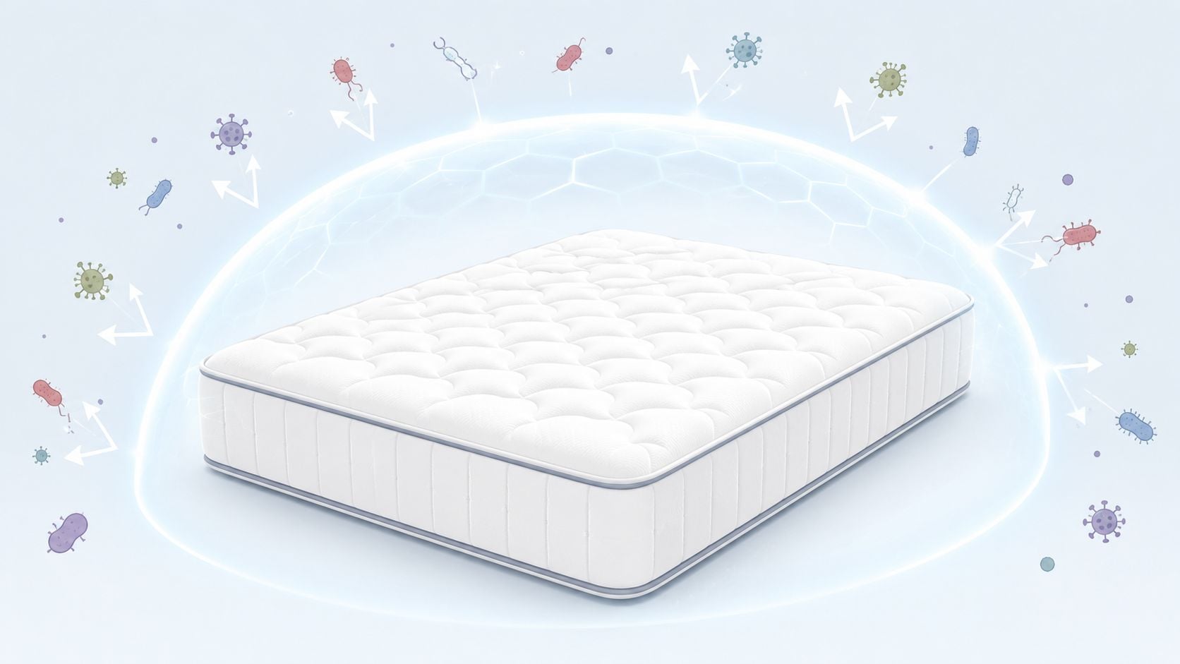 A clean white mattress protected by a glowing, transparent antimicrobial barrier against surrounding colorful germs and bacteria.