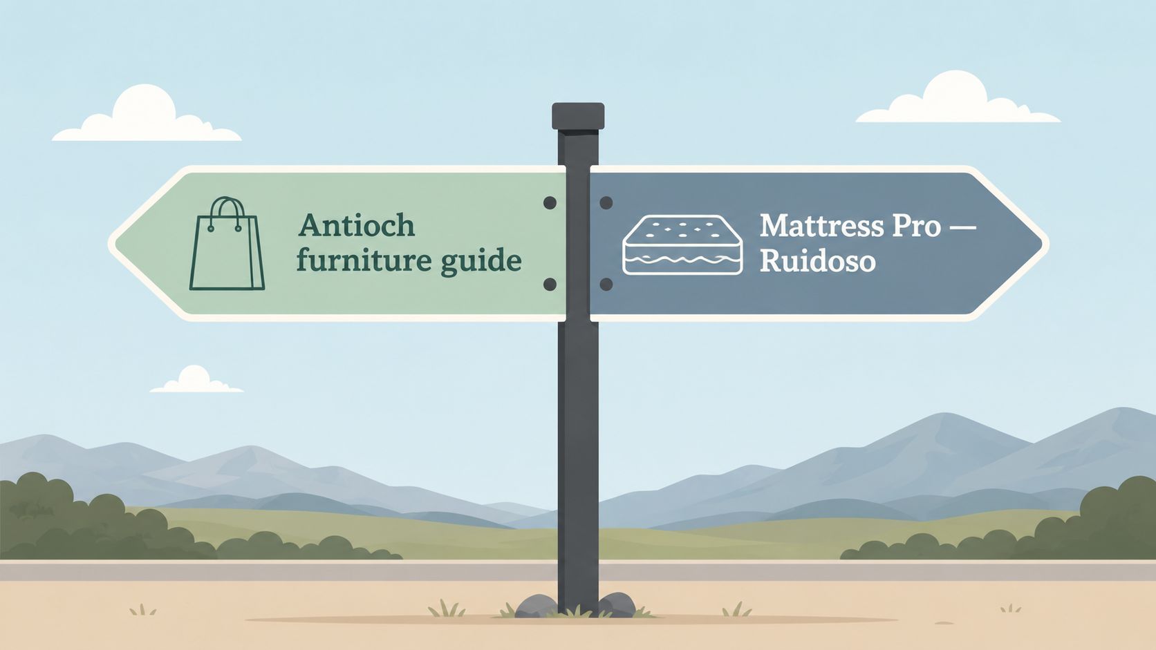 A directional signpost showing the way to Antioch furniture guide and Mattress Pro in Ruidoso.