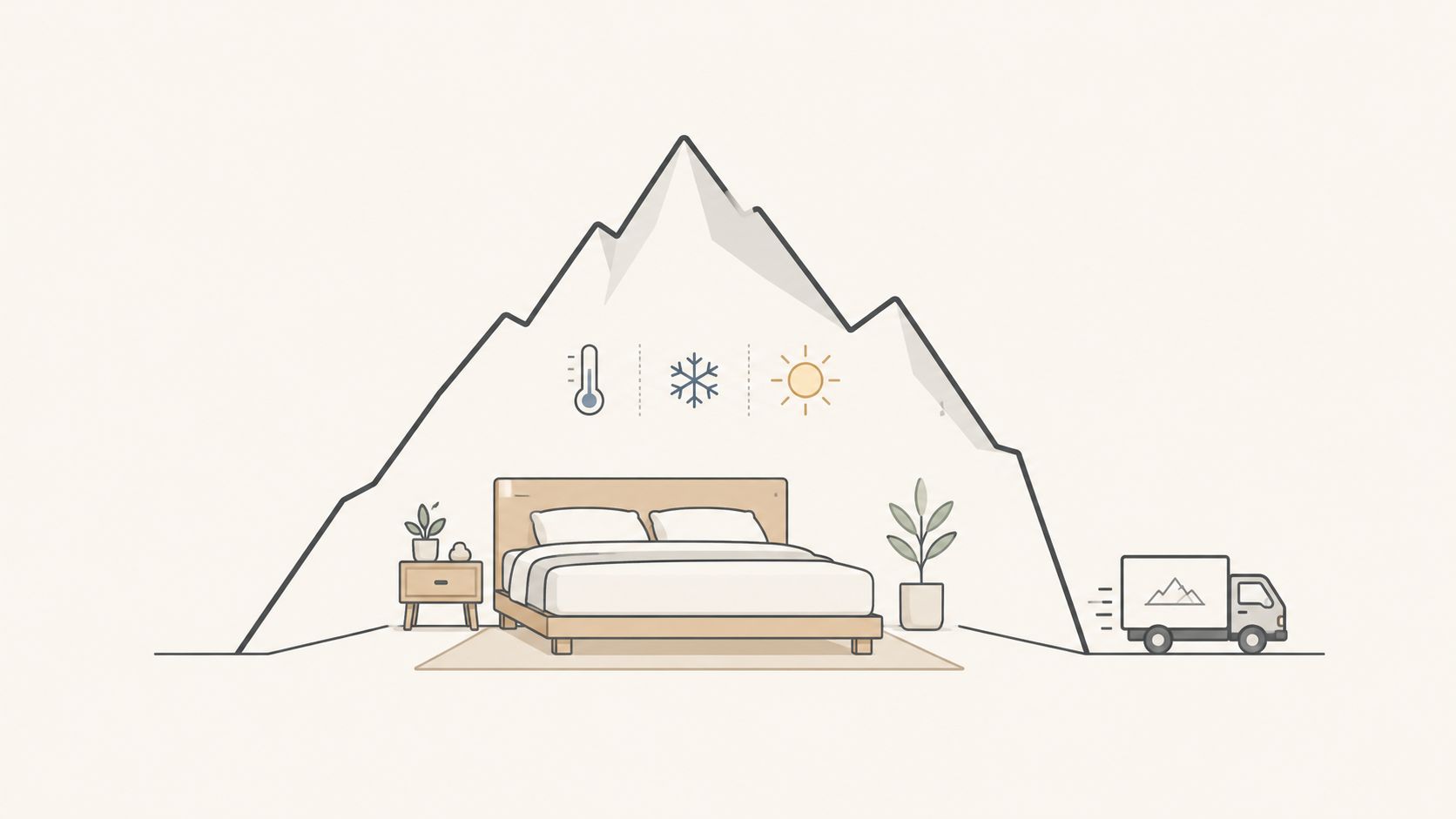 A modern bed inside a mountain outline, with icons for temperature control and home delivery services.