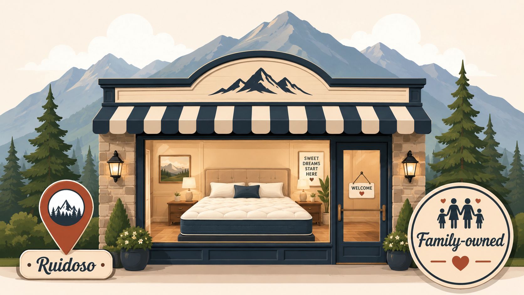 A charming family-owned furniture store in Ruidoso featuring a comfortable mattress displayed in the showroom window.