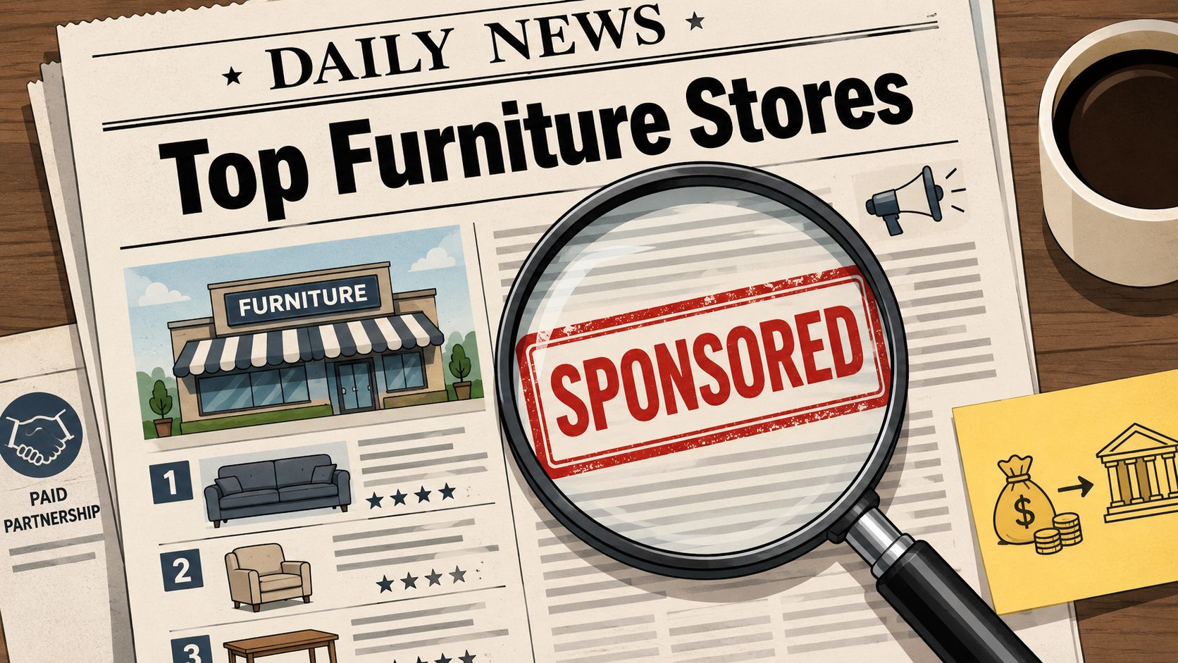 A newspaper page titled Top Furniture Stores with a magnifying glass revealing a sponsored label stamp.