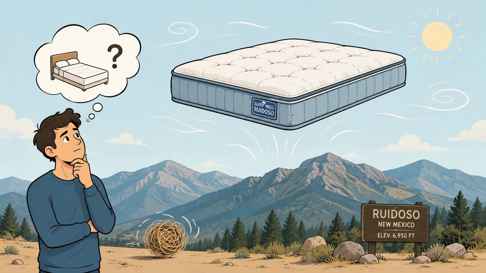 A man in Ruidoso, New Mexico, looks up at a floating mattress while a tumbleweed rolls by.
