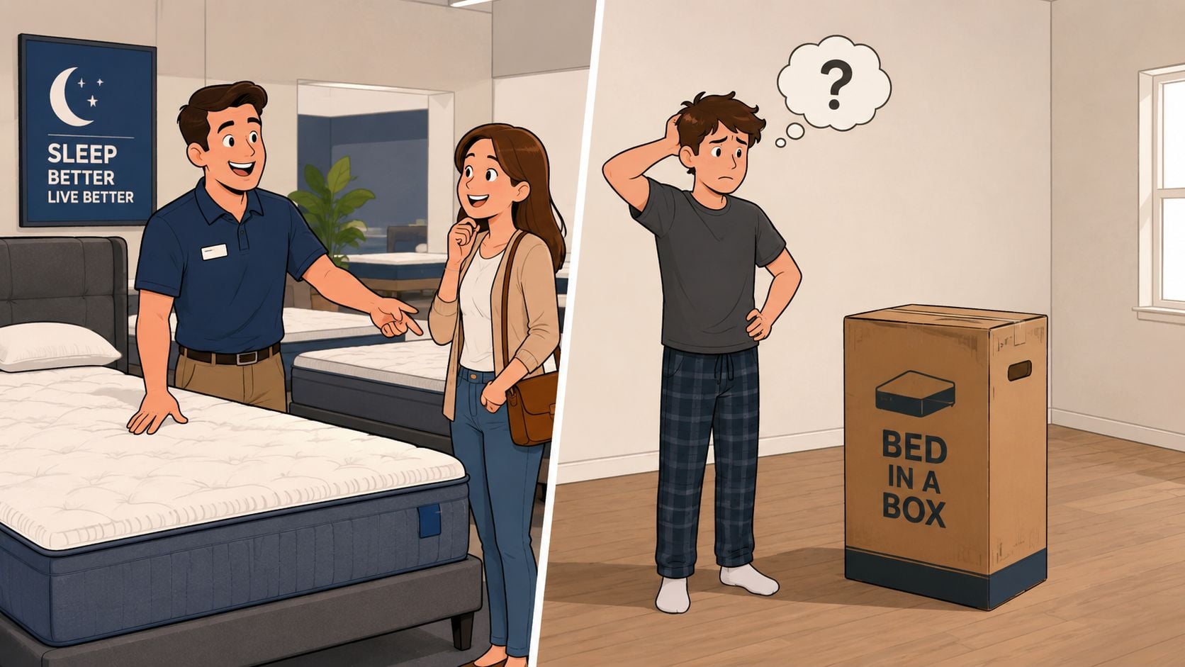 A comparison showing a salesperson assisting a customer with a showroom mattress versus a man confused by a bed-in-a-box.