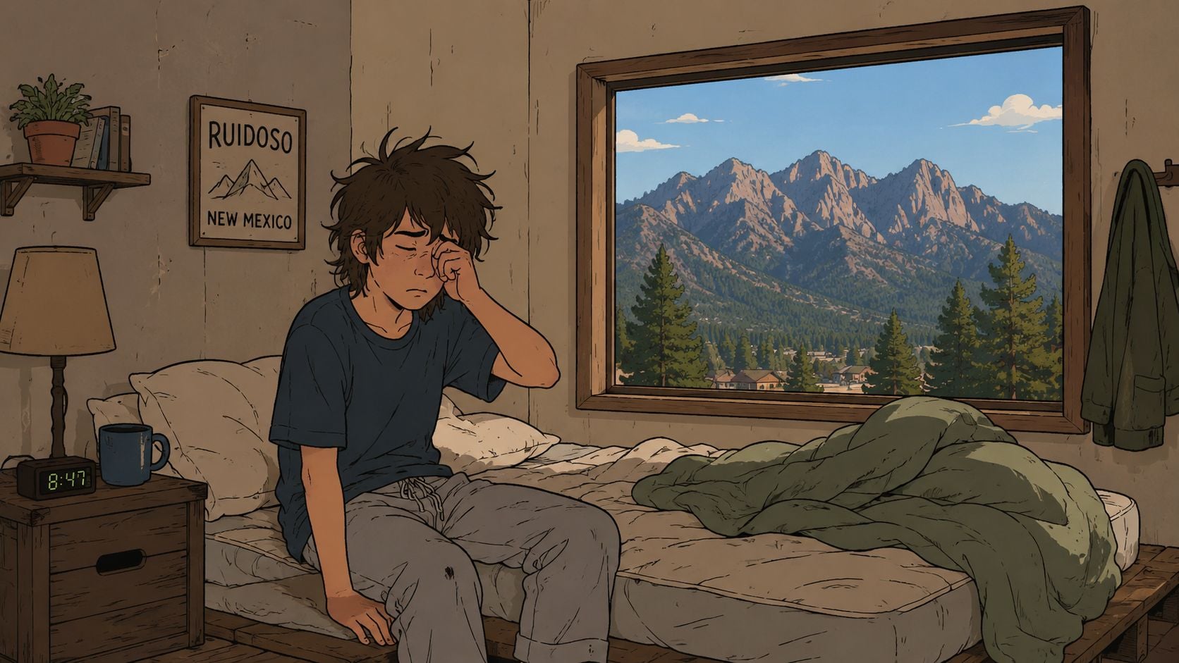 A tired young boy sitting on his bed in a bedroom looking at mountains through a window.