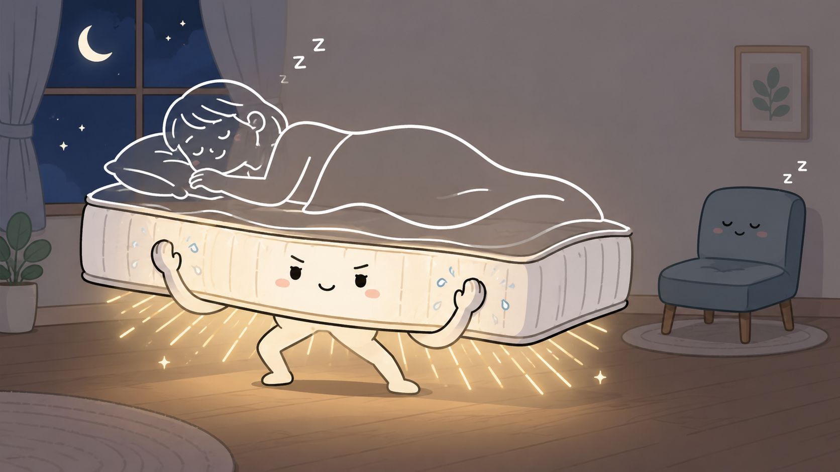 A cute cartoon mattress with arms and legs supports a sleeping person in a bedroom at night.