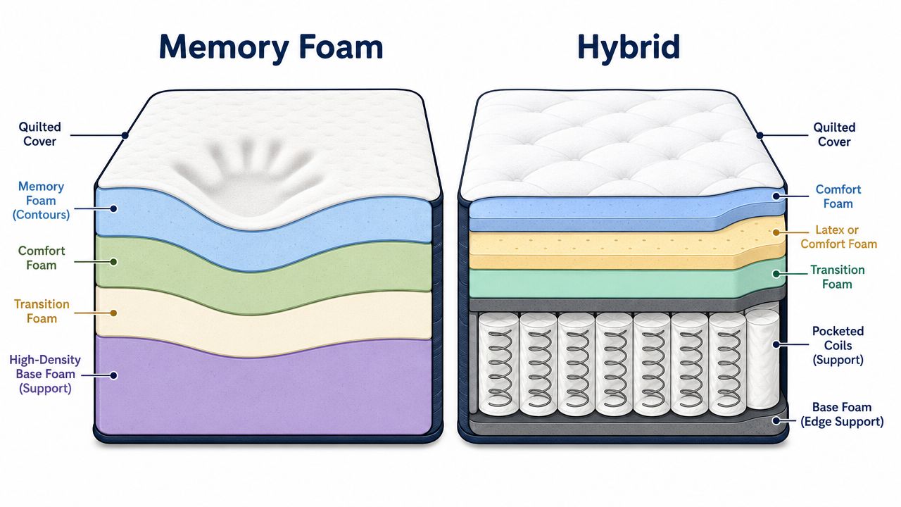 A cross-section illustration comparing the layered construction of a Memory Foam mattress and a Hybrid mattress.
