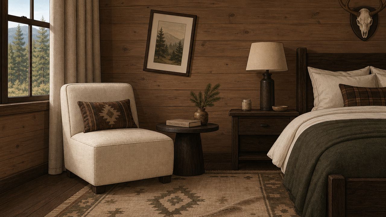 A cozy, neutral-toned armless upholstered chair sits next to a dark wood bedside table in a rustic bedroom.