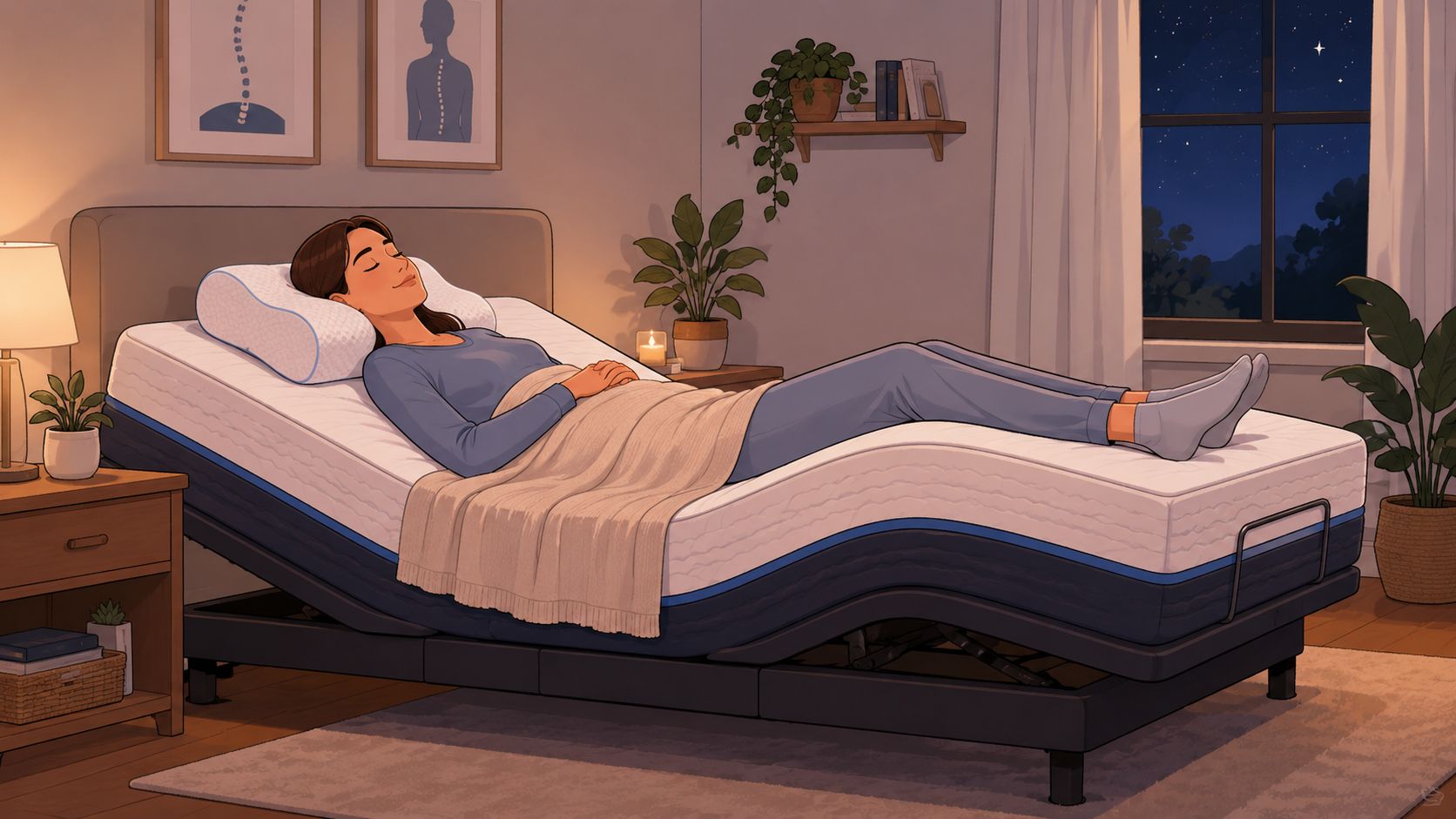 A woman comfortably sleeping on an adjustable bed designed for back pain relief in a cozy bedroom.