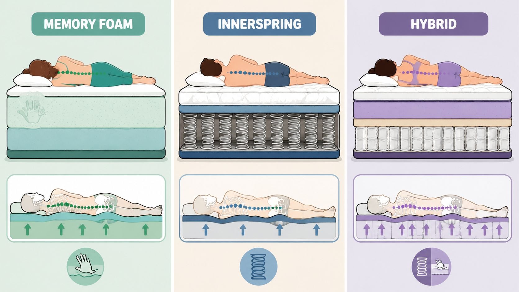 A comparison infographic showing how memory foam, innerspring, and hybrid mattresses support the spine while sleeping.