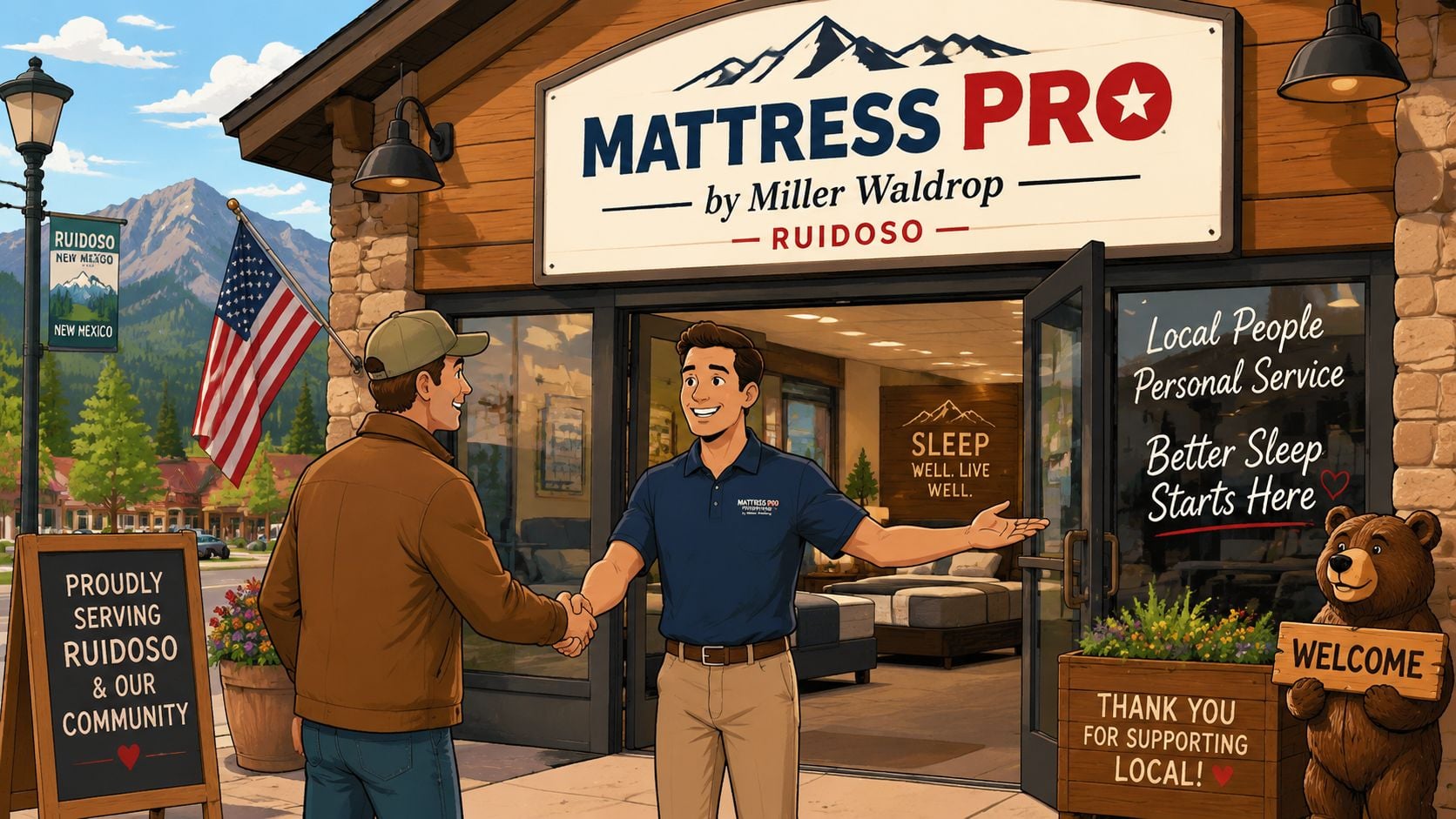 A friendly mattress store employee greeting a customer in front of Mattress Pro in Ruidoso, New Mexico.