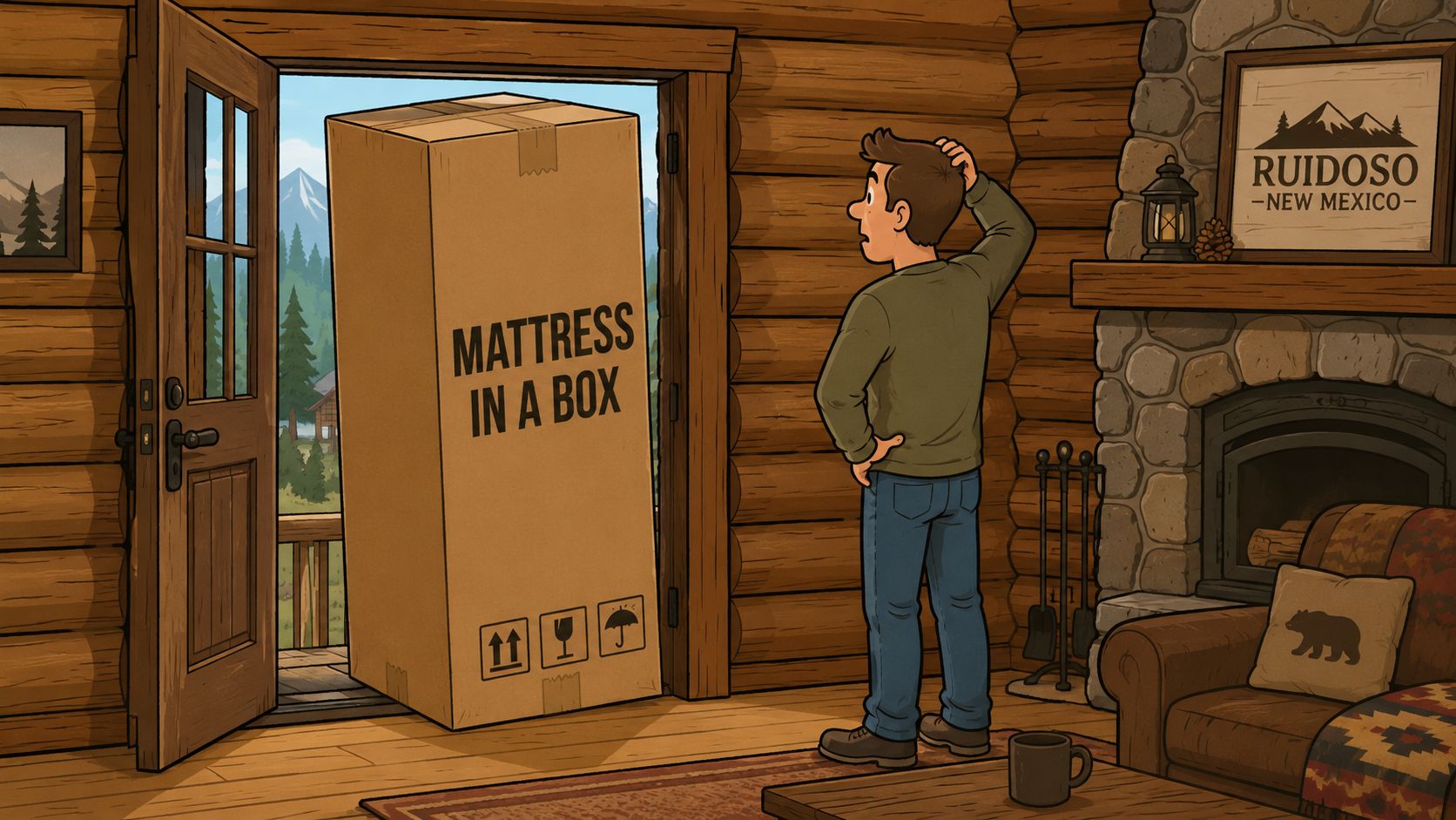 A confused man standing in a cabin doorway looking at a large mattress in a box.