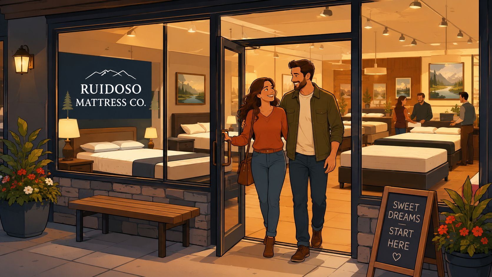 A happy couple walking out of the Ruidoso Mattress Co store entrance at dusk together.