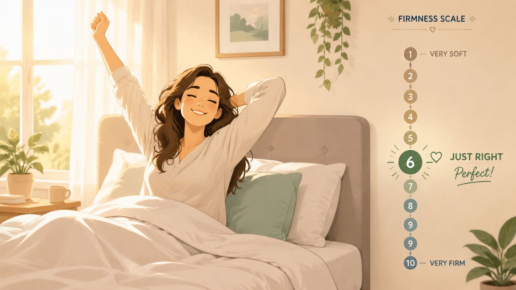 A happy woman stretching in bed next to a graphical mattress firmness scale indicating perfect comfort.