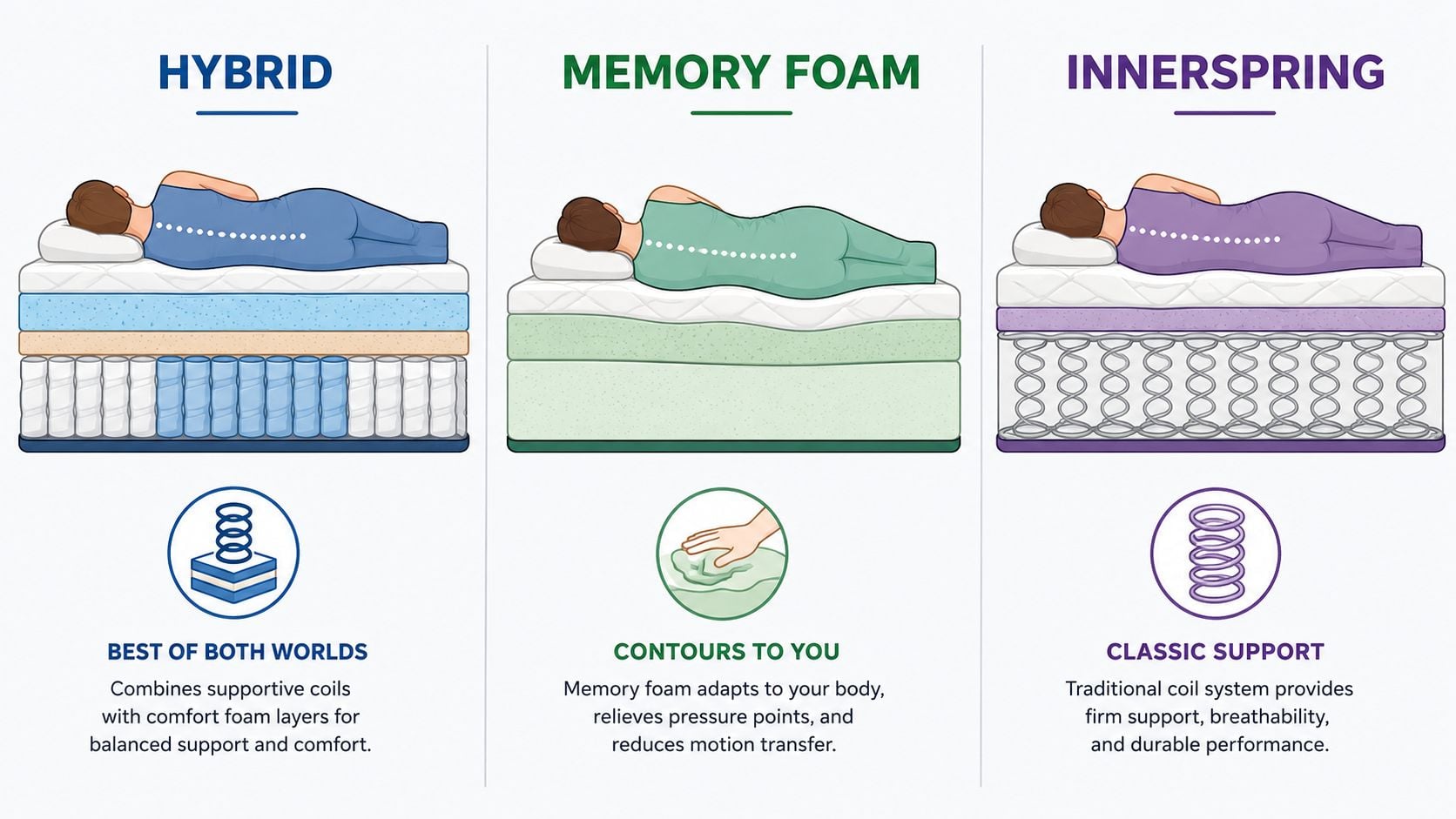 An infographic comparing hybrid, memory foam, and innerspring mattress types with illustrations and key features.