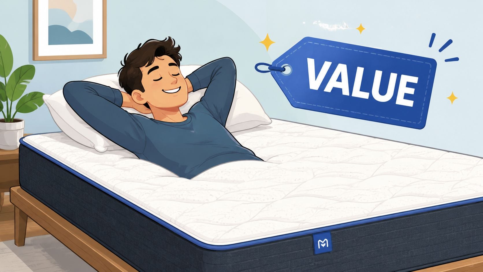 A happy man relaxing on a comfortable mattress that represents great value for the money.