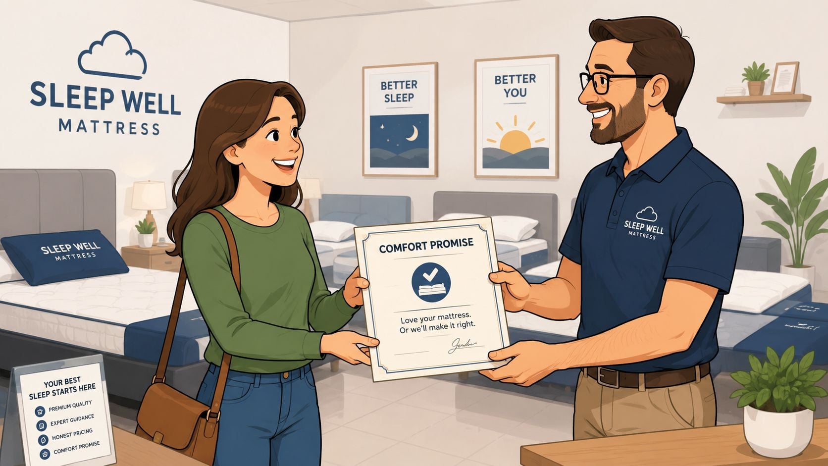 A friendly mattress store employee handing a Comfort Promise certificate to a happy customer in a store.