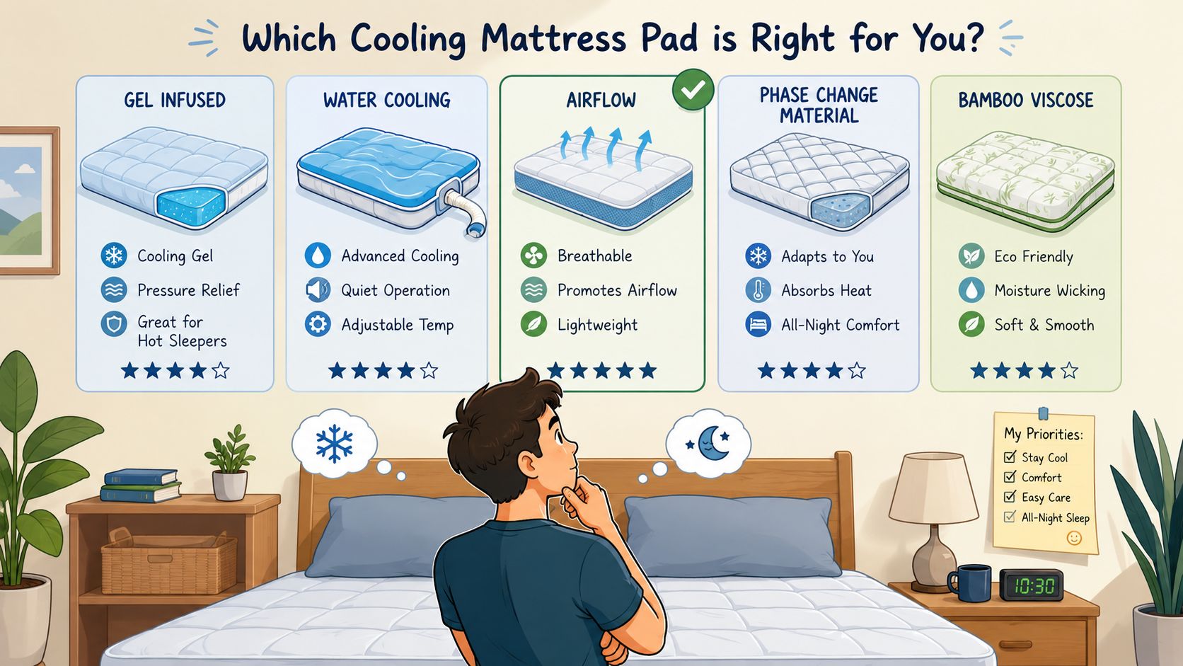An illustrated guide comparing different types of cooling mattress pads for a person choosing the best option.
