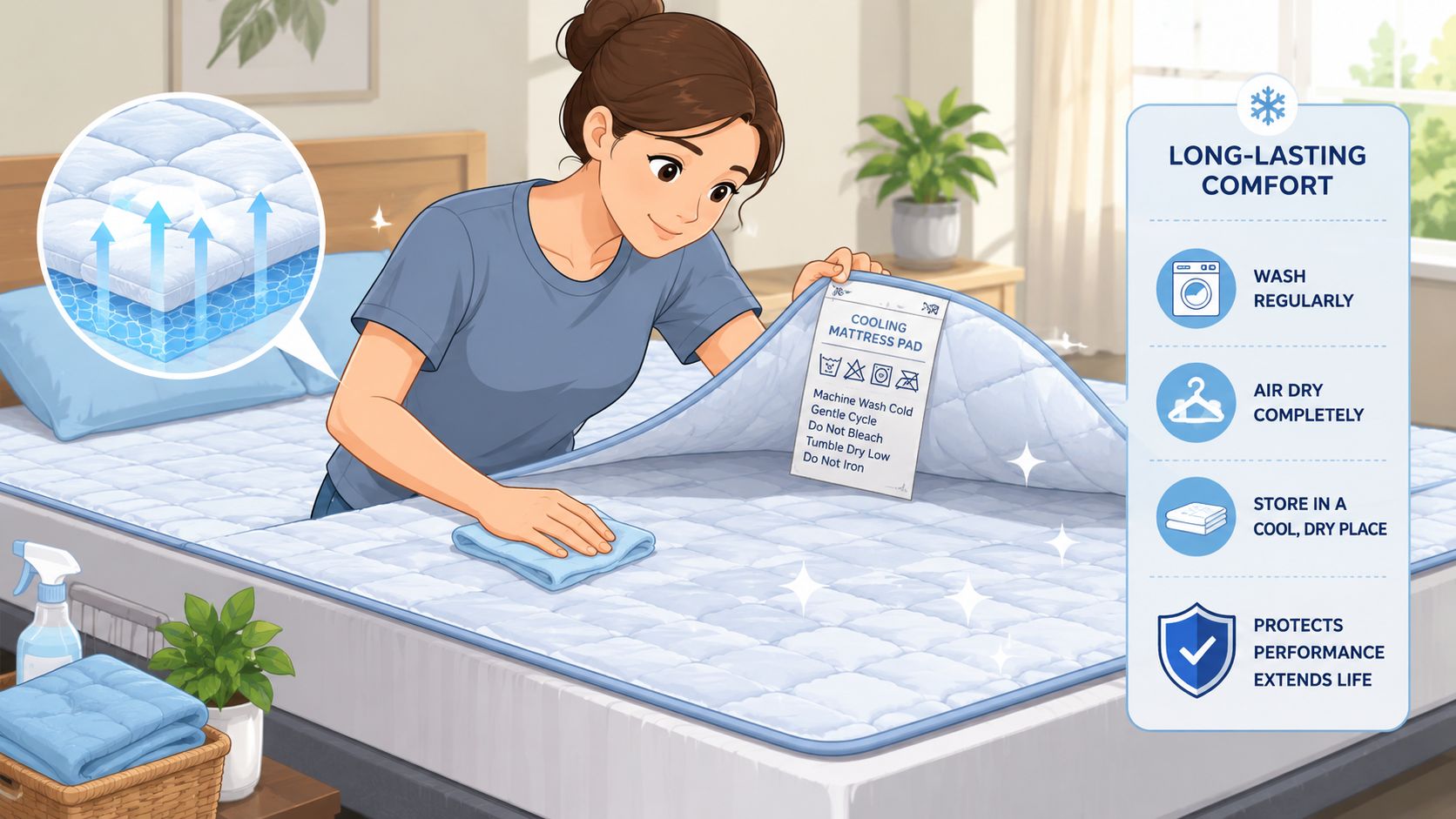A woman inspecting the care instructions on a blue cooling mattress pad placed on a bed.