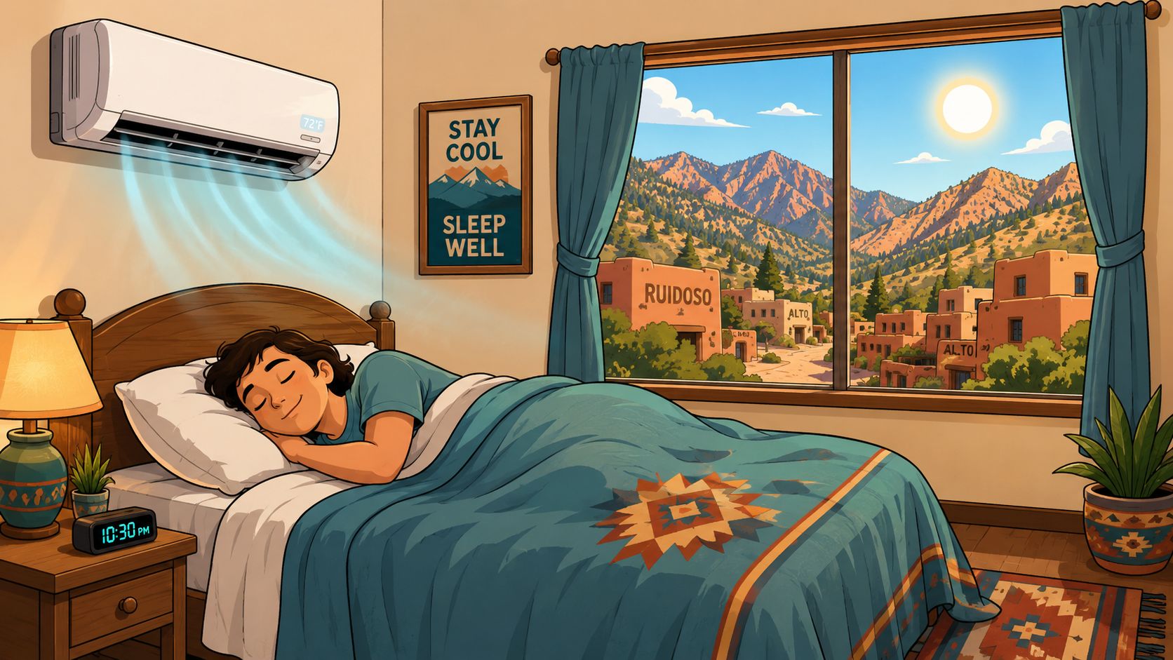 A person sleeping soundly in a cozy bedroom with an air conditioner cooling the room on a sunny day.
