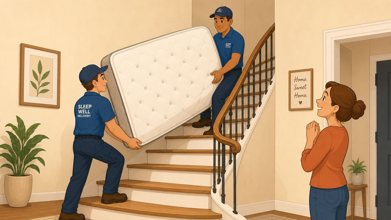 Two delivery workers in blue uniforms carrying a mattress up a staircase while a woman watches happily.