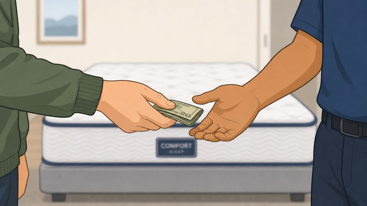 A person handing cash as a tip to a mattress delivery worker in a bedroom setting.