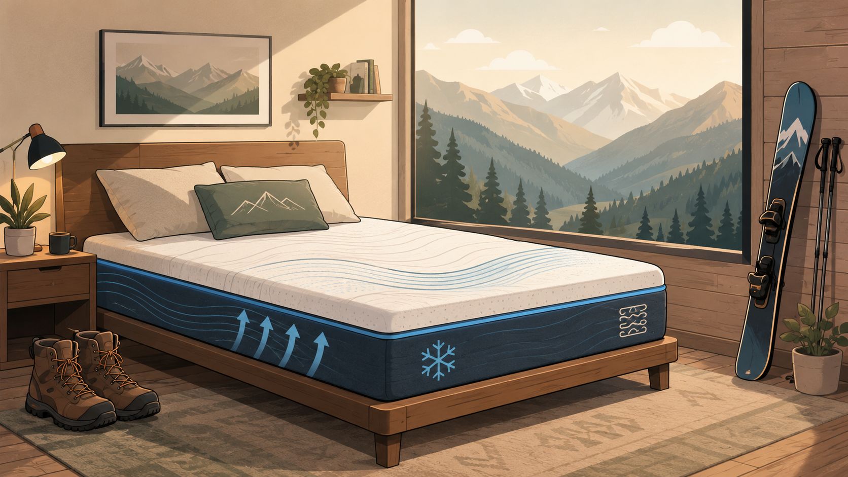 A modern comfortable mattress with cooling technology in a cozy bedroom overlooking a beautiful mountain view.