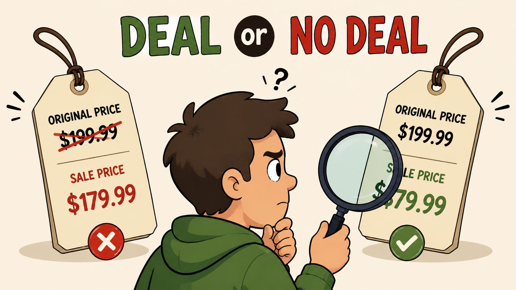 An illustration of a boy deciding between two retail price tags with different discount deals.