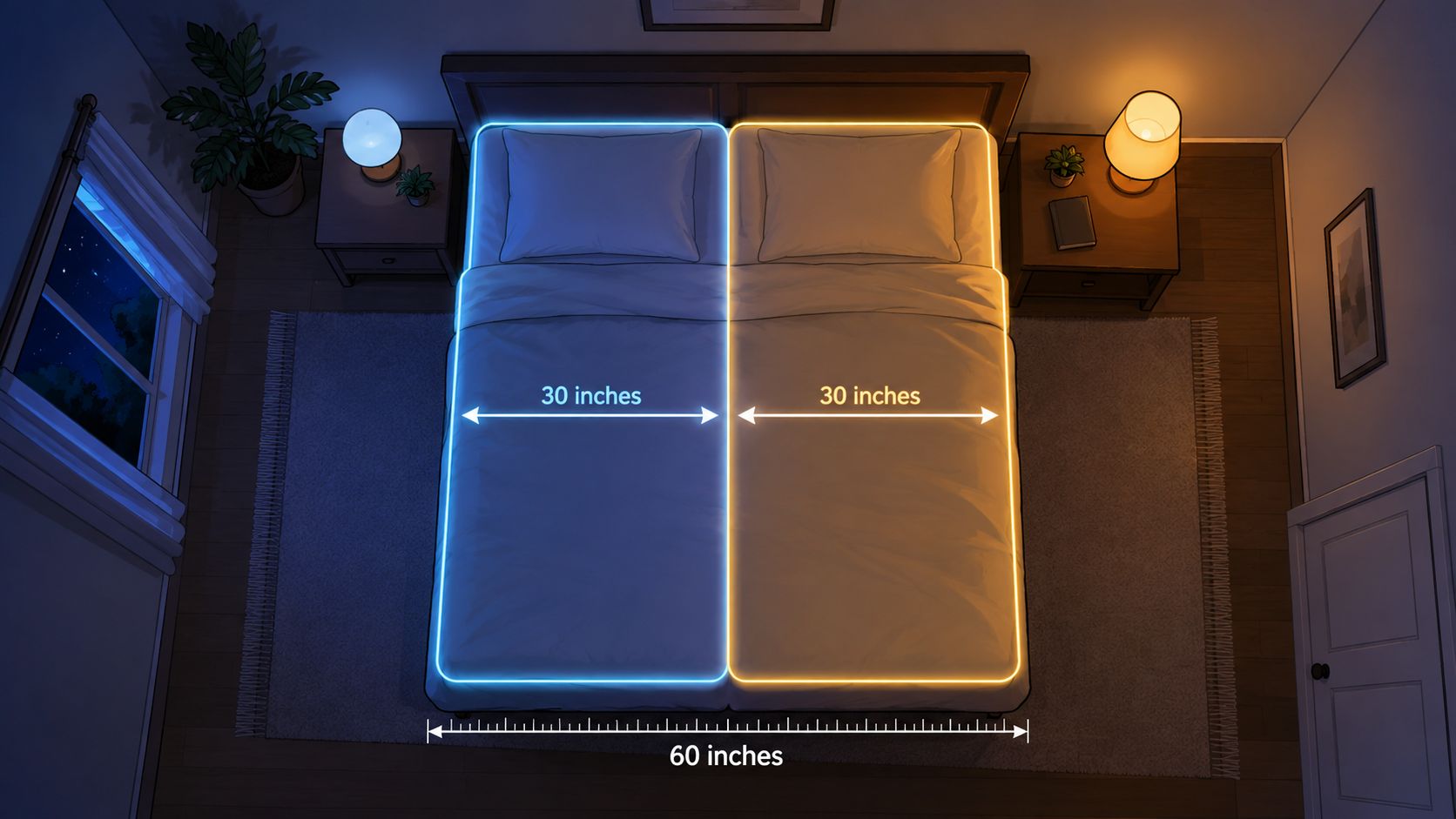 Top view of a queen size bed illustrating the mattress dimensions in inches for two separate sides.