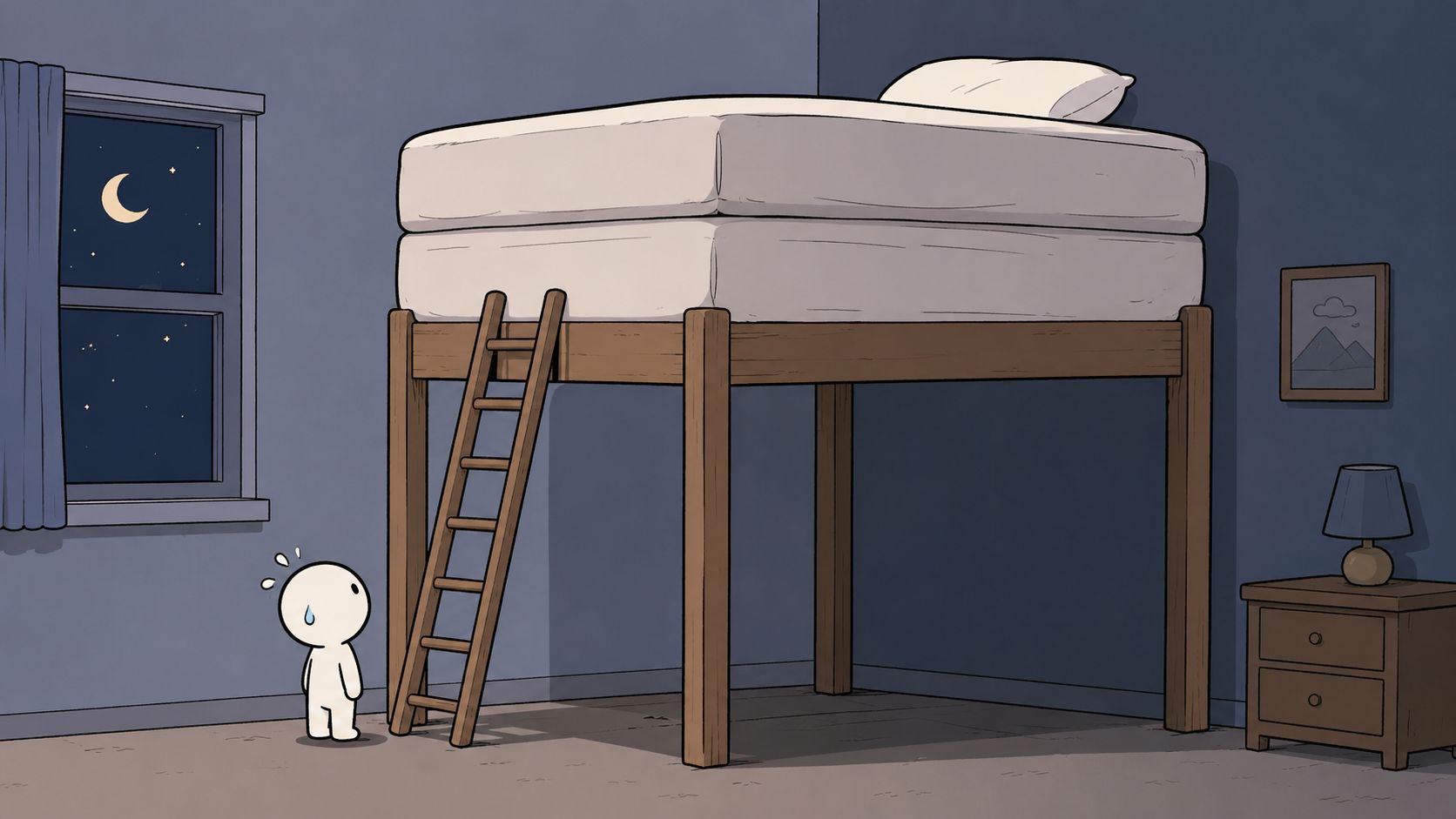 A small cartoon character looks nervously at an exceptionally high bed stacked with two thick mattresses.