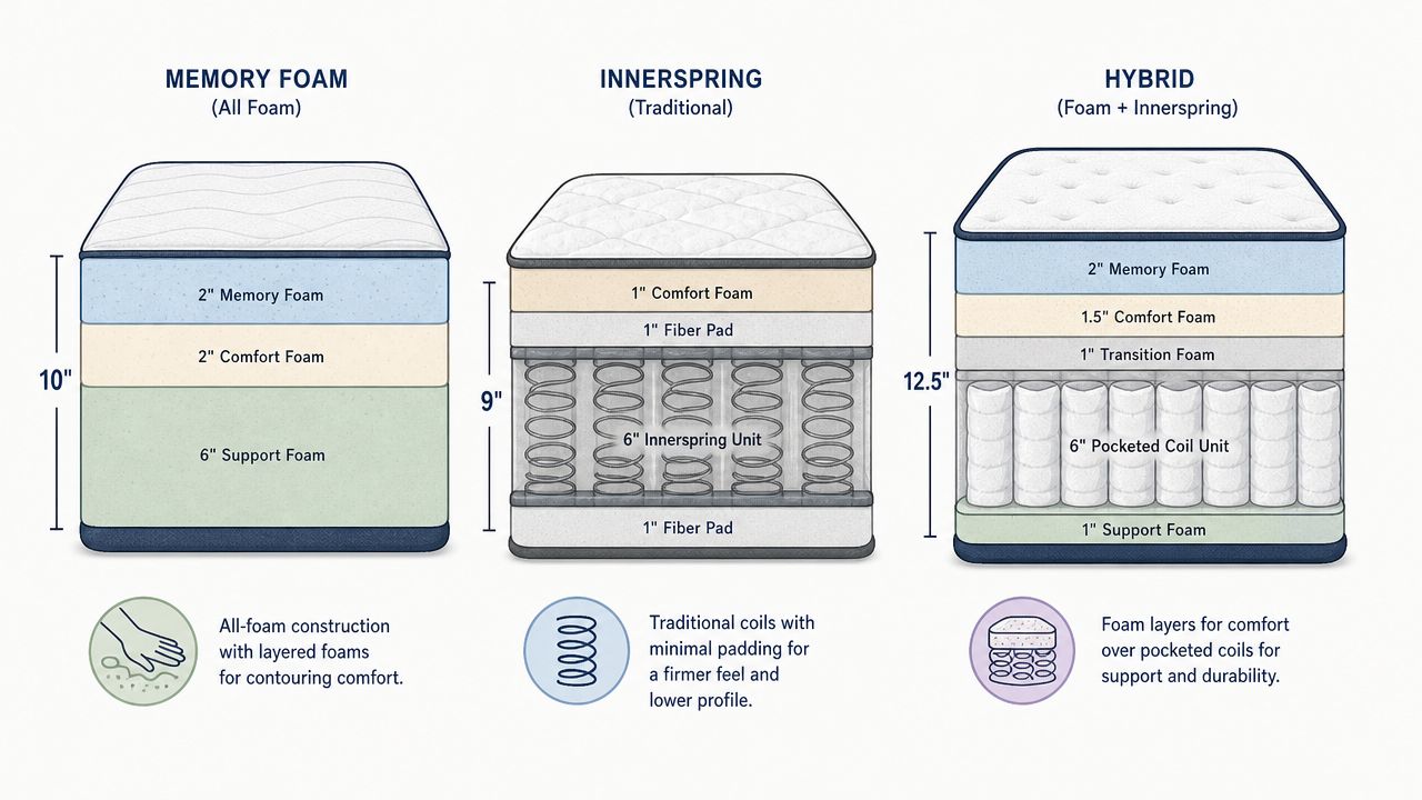 A diagram comparing the layers and thickness of Memory Foam, Innerspring, and Hybrid mattress constructions.