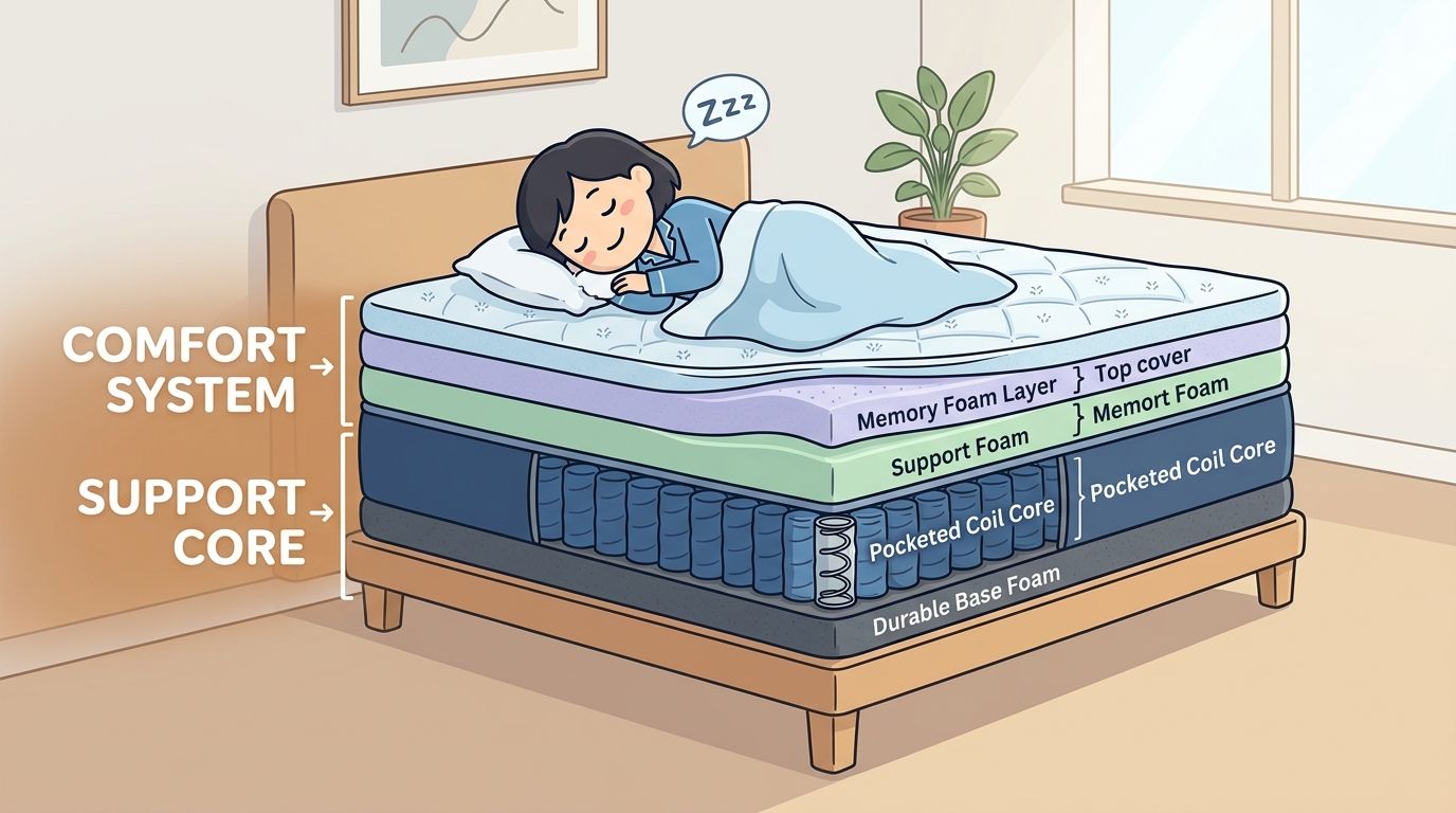 A cross-section illustration showing the different layers of a hybrid mattress including comfort and support systems.