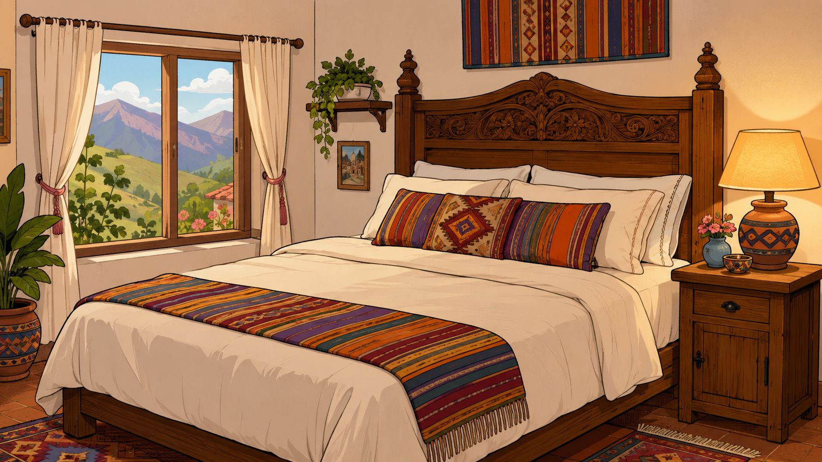 A cozy bedroom featuring Mexican rustic decor with a carved wooden bed frame and mountain view window.